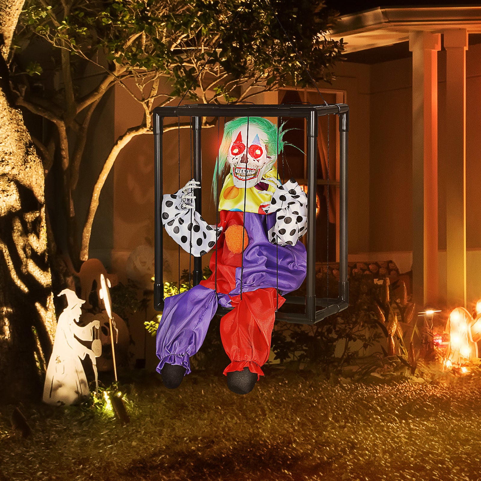 Voice Activated Halloween Animatronics Hinging Clown In Cage