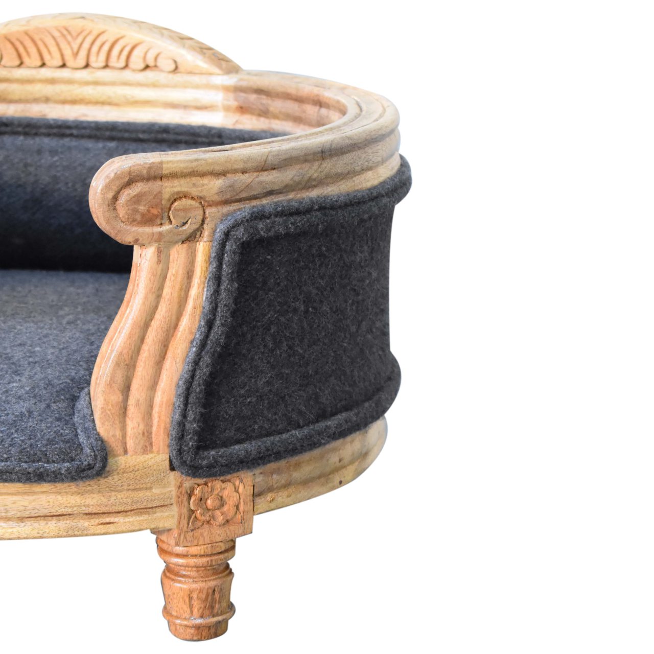 Solid Mango Wood, Upholstered Carved Battleship Tweed Pet Bed