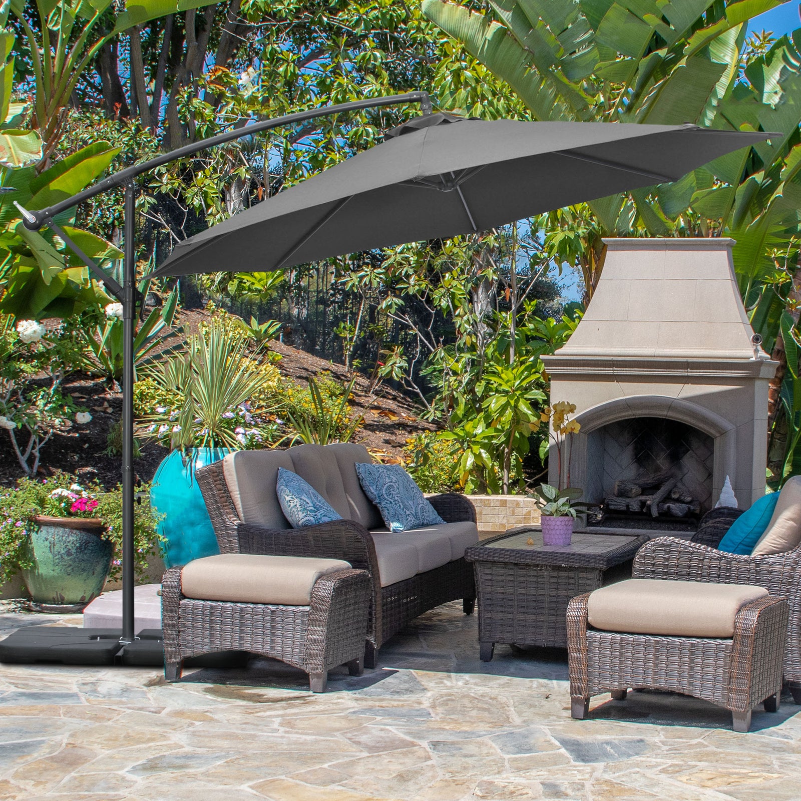 3(m) Garden Banana Parasol Cantilever Umbrella w/ Base Weights & Cover | Black