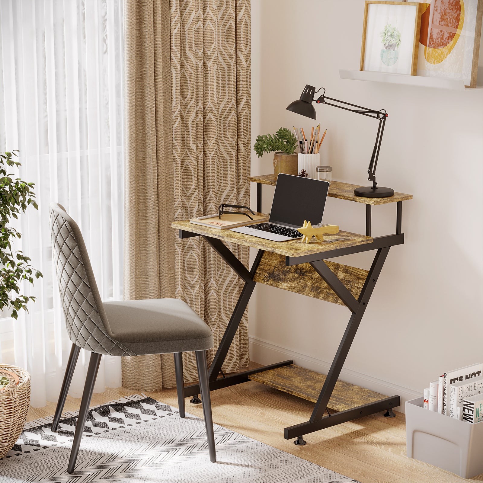 Home Office Desk With Storage, Gaming Table, Brown | Small | Brown