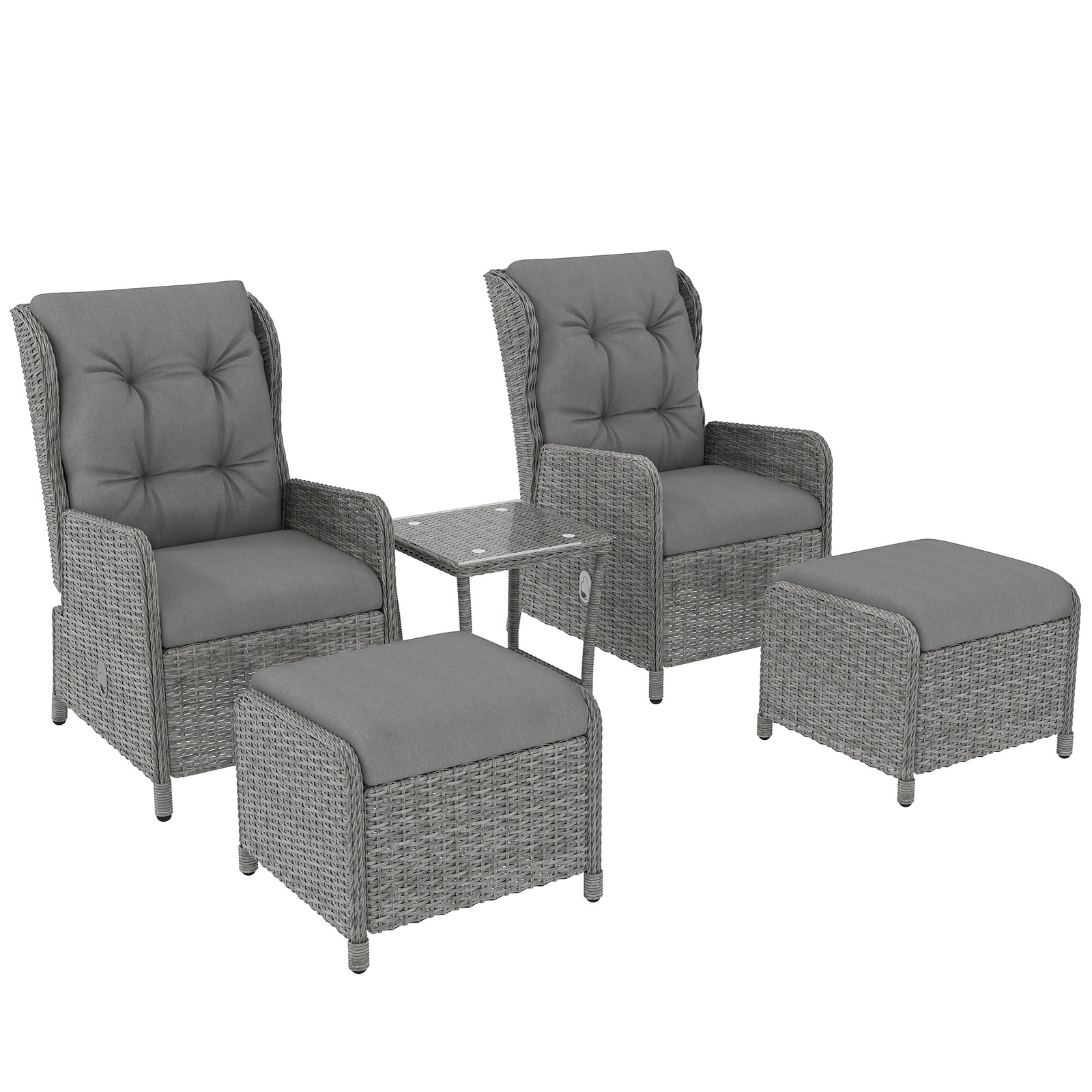 Recliner Rattan Garden Furniture W/ Two-tier Glass Top Table | Light Grey