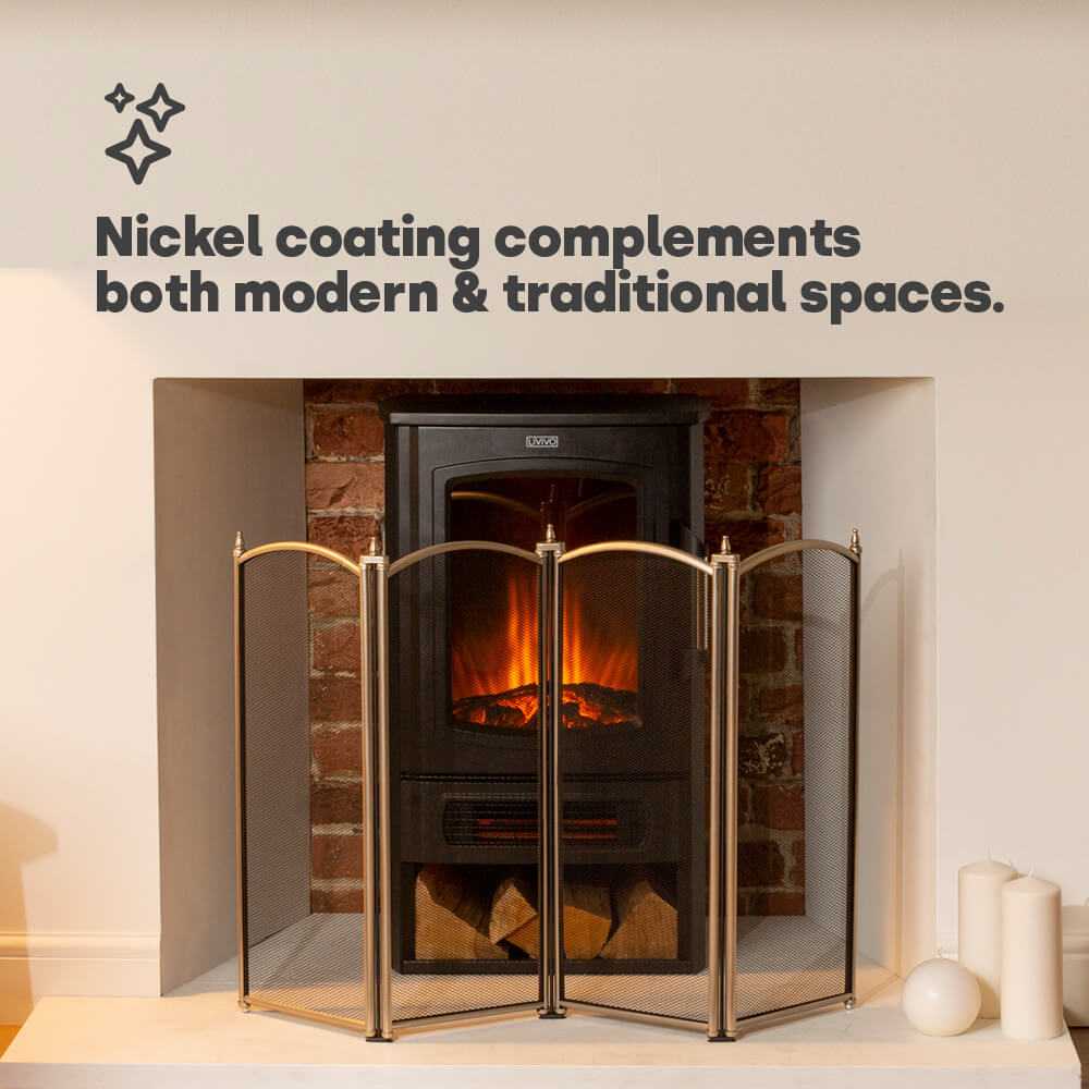 Livivo Freestanding 4 Panel Fireplace Screen Nickel Mesh Fire Spark Protector