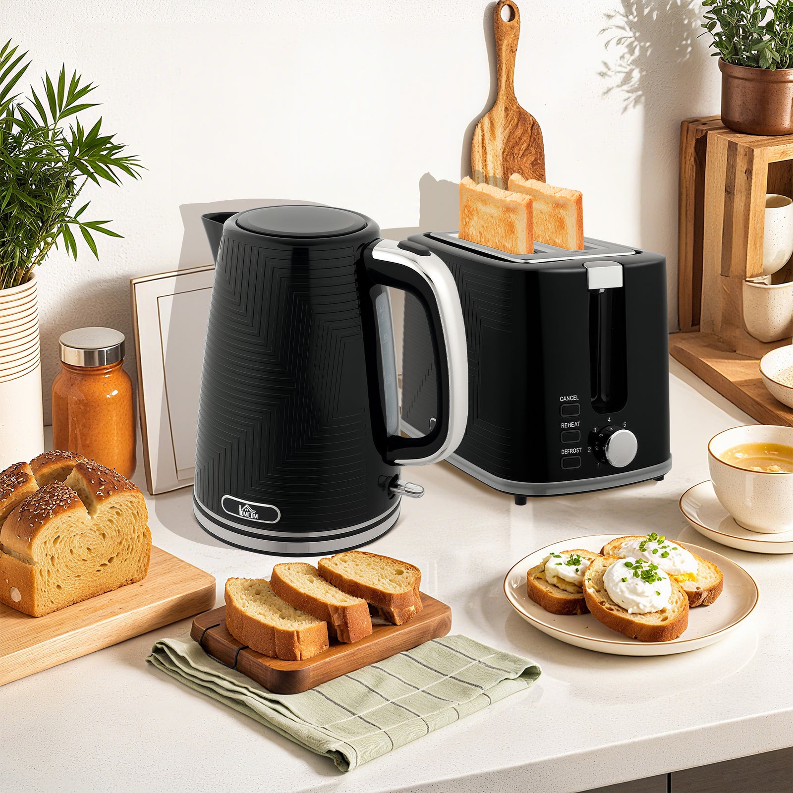 1.7l 3000w Rapid Boil Kettle And 2 Slice Toaster Set Crumb Tray | Black