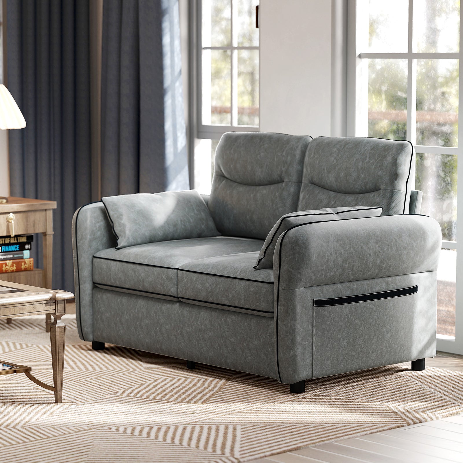 Modern Seater Sofa With Thick Cushion Side Pockets | M | Grey