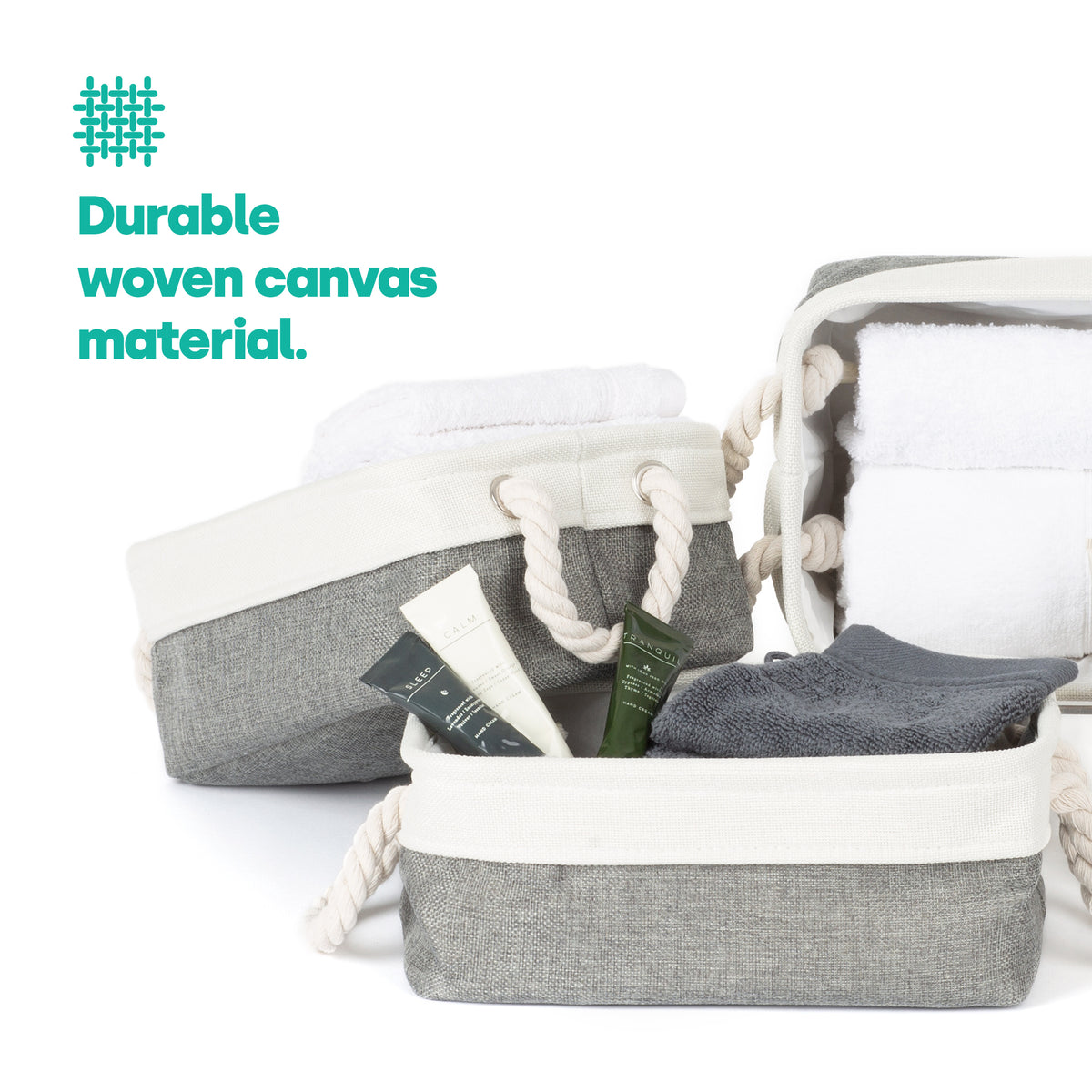 Livivo Set Of 3 Medium Fabric Storage Baskets With Rope Handles