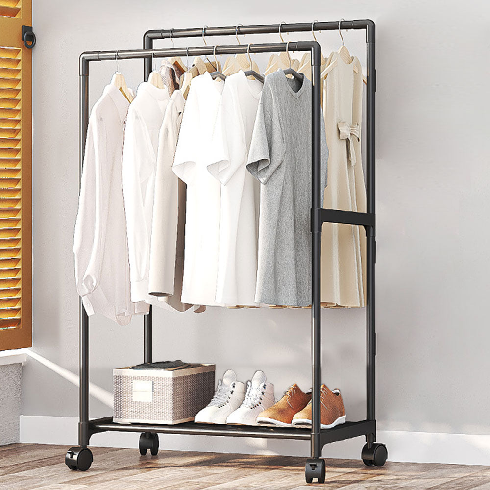 Double Rod Metal Clothes Rack On Wheels | Small | Black