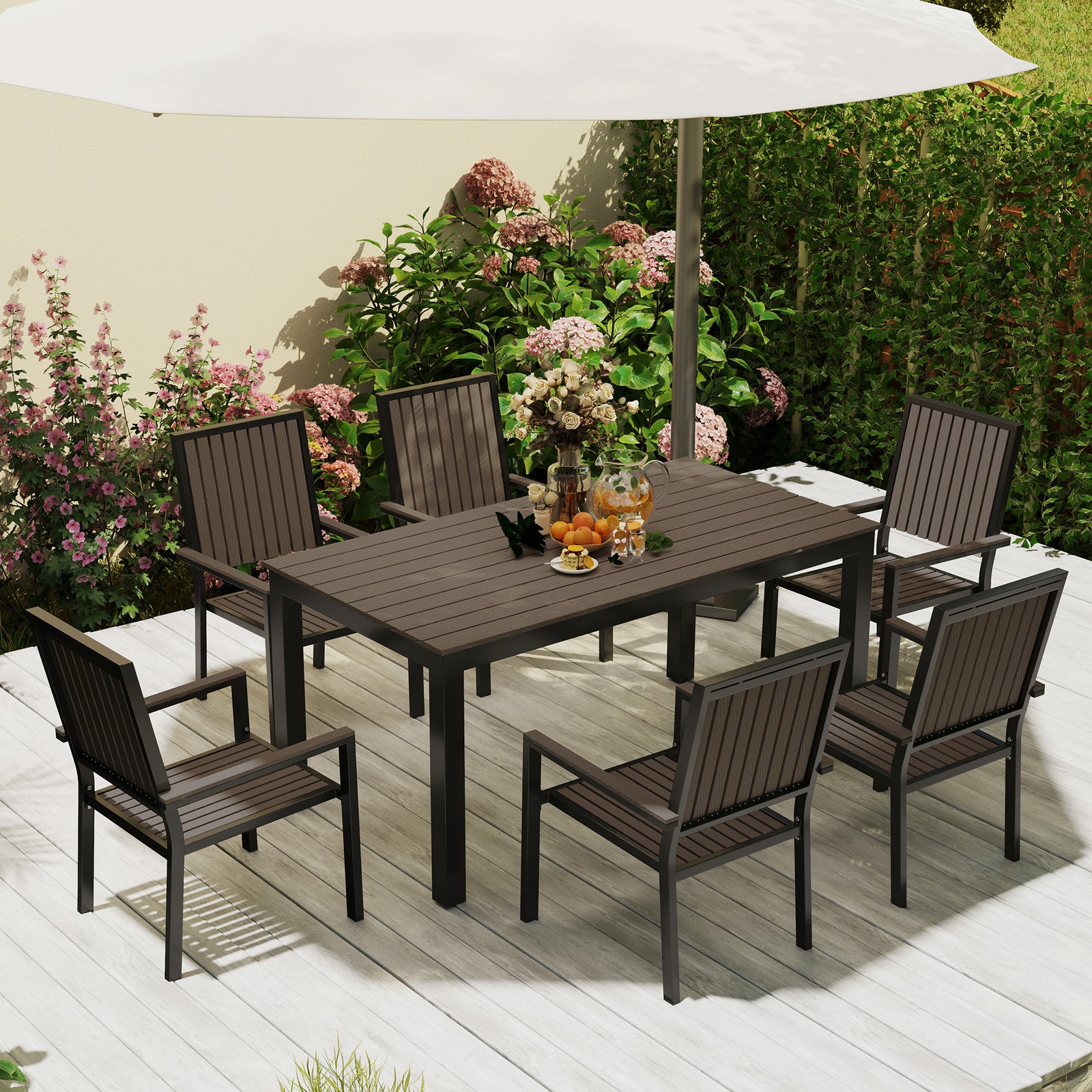 6 Seater Aluminium Garden Dining Set With Stackable Chairs | Brown