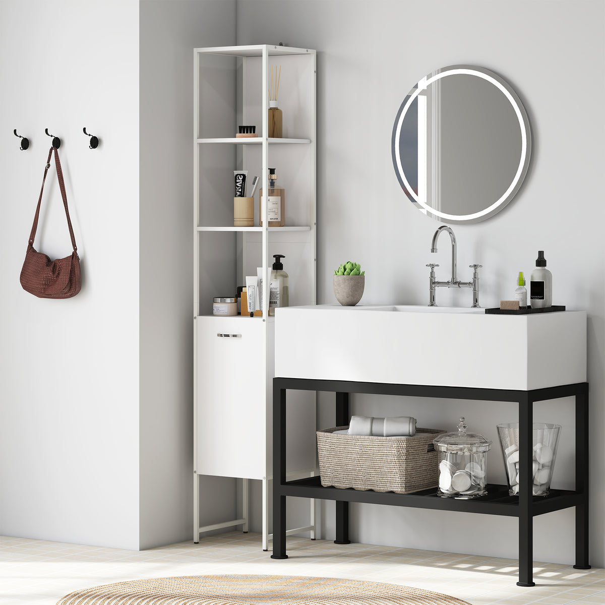 HOMCOM Tall Bathroom Cabinet With 3 Open Shelves Adjustable Shelf