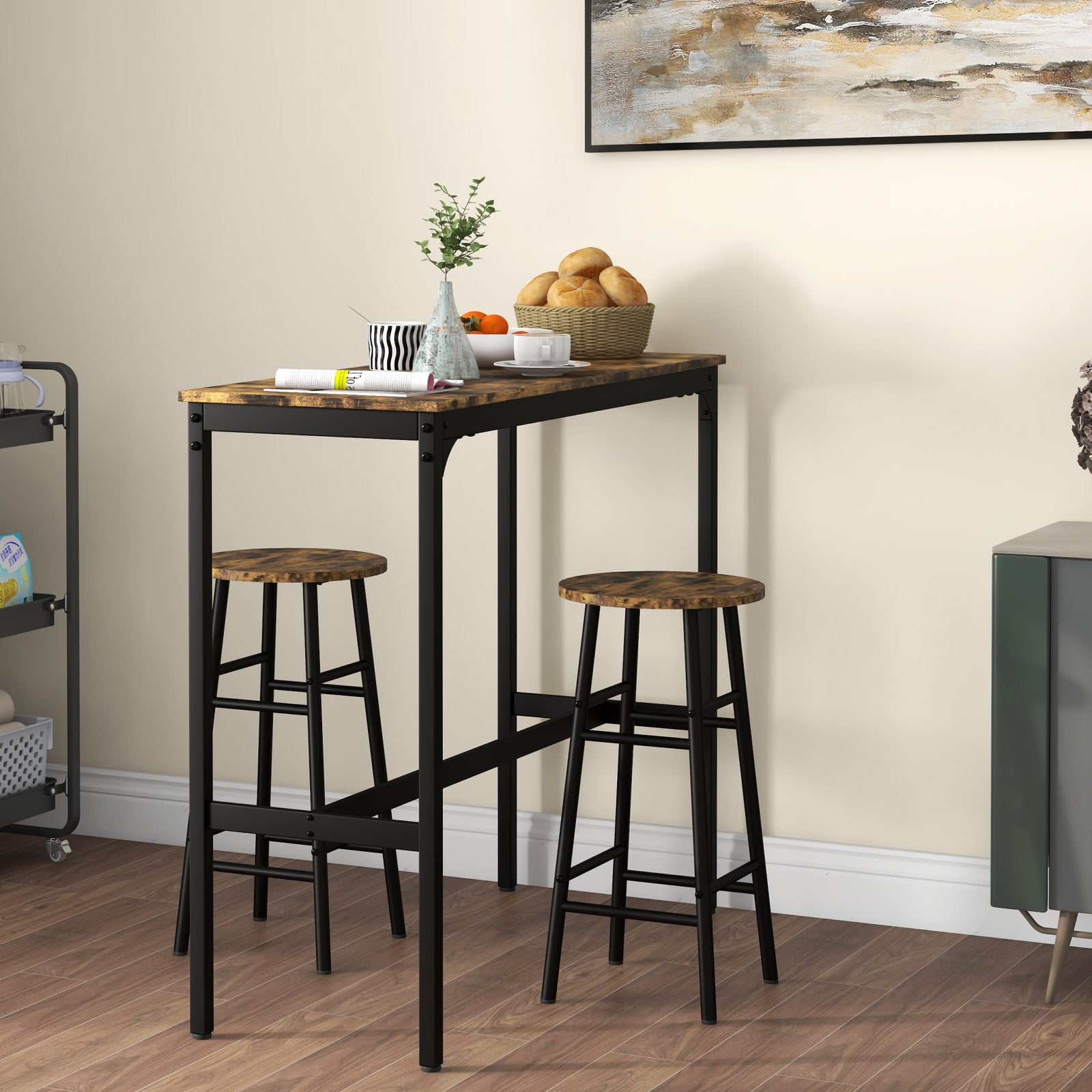 3 Piece Bar Set, Industrial Kitchen And Chair Set | Rustic Brown