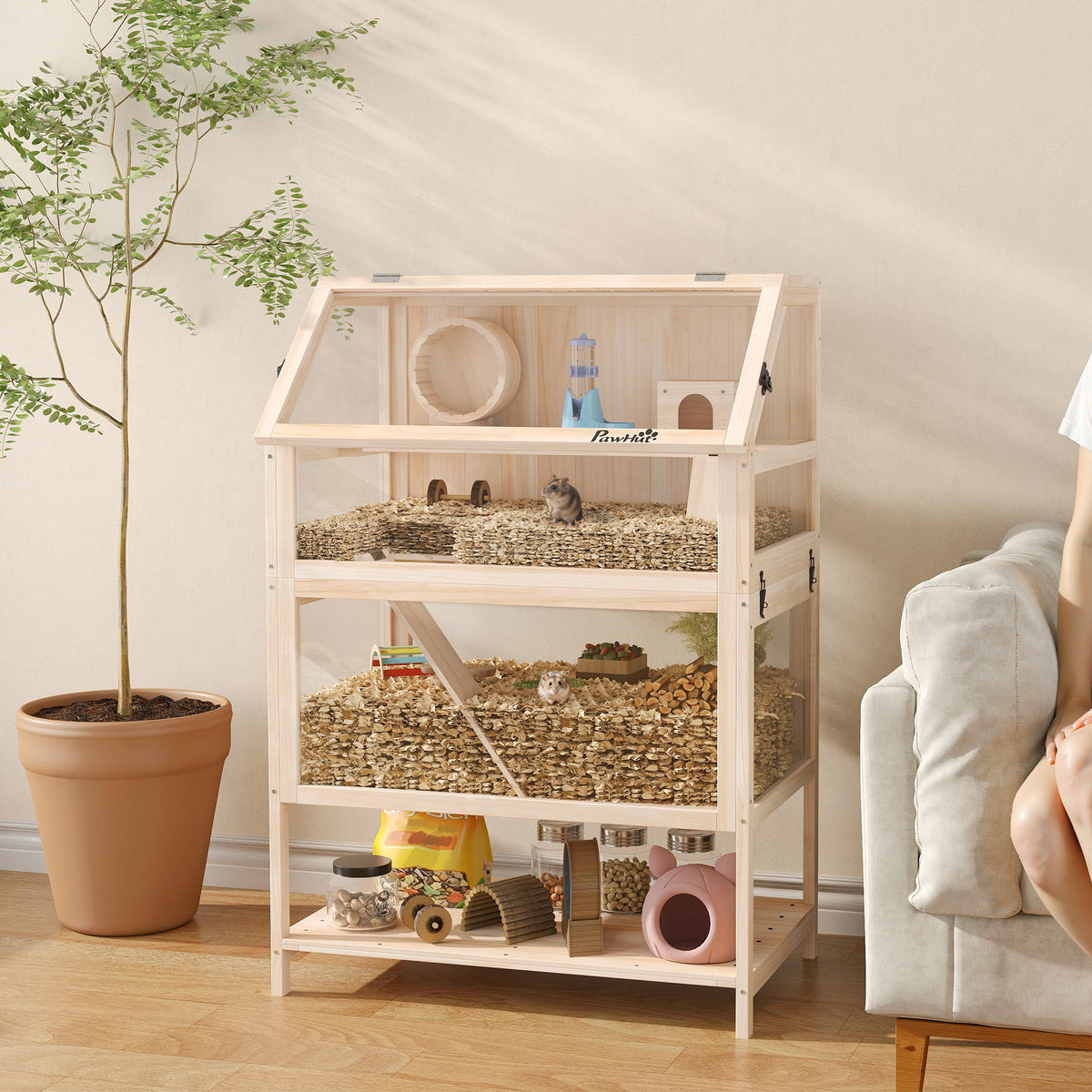 PawHut Wooden 3 Tier Hamster Cage With Storage Shelf For Dwarf, Gerbil