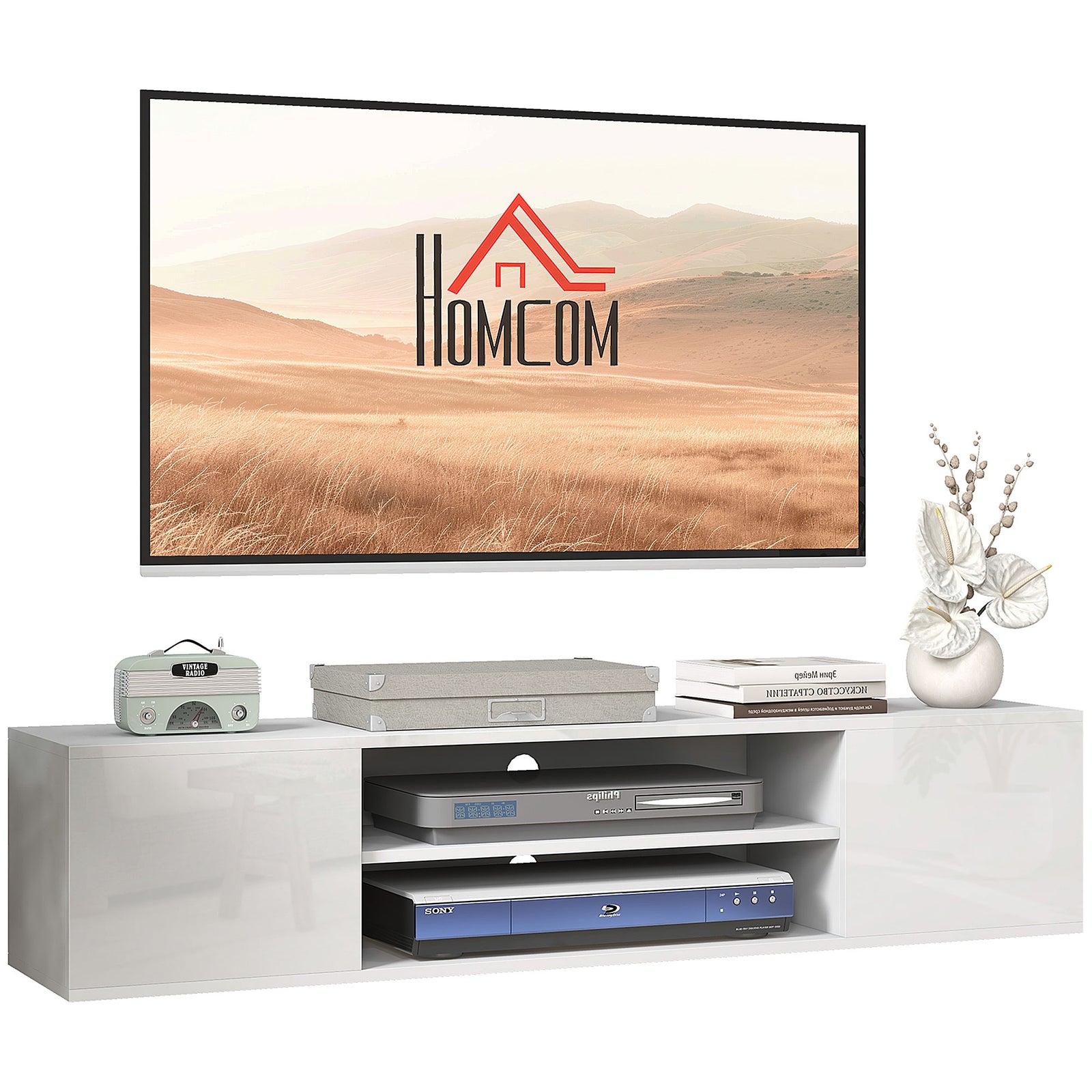 Floating Tv Unit For 60" With Shelves Cabinets | White