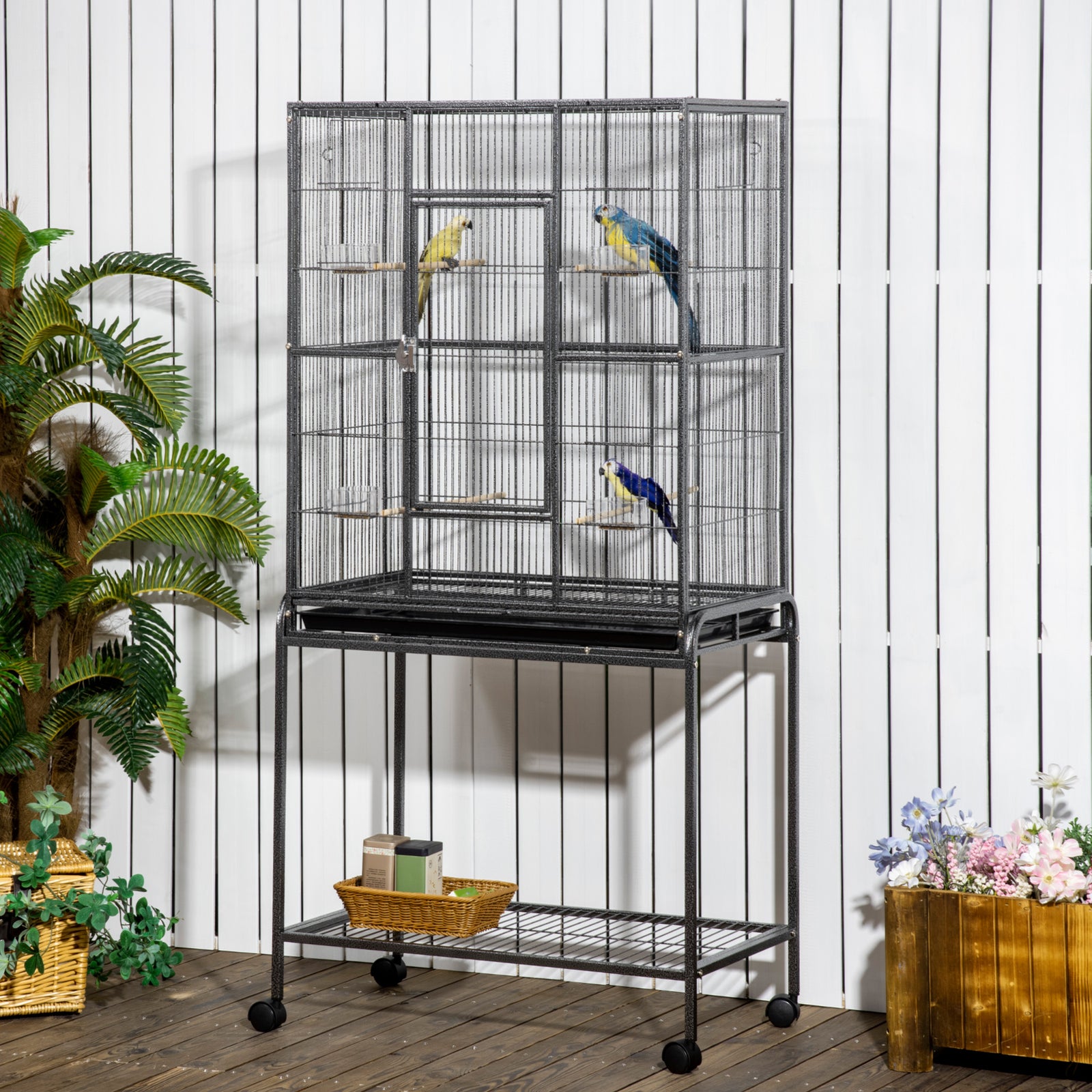 Rolling Bird Cage W/ Detachable Stand Storage Shelf  Wood Perch Food Cup