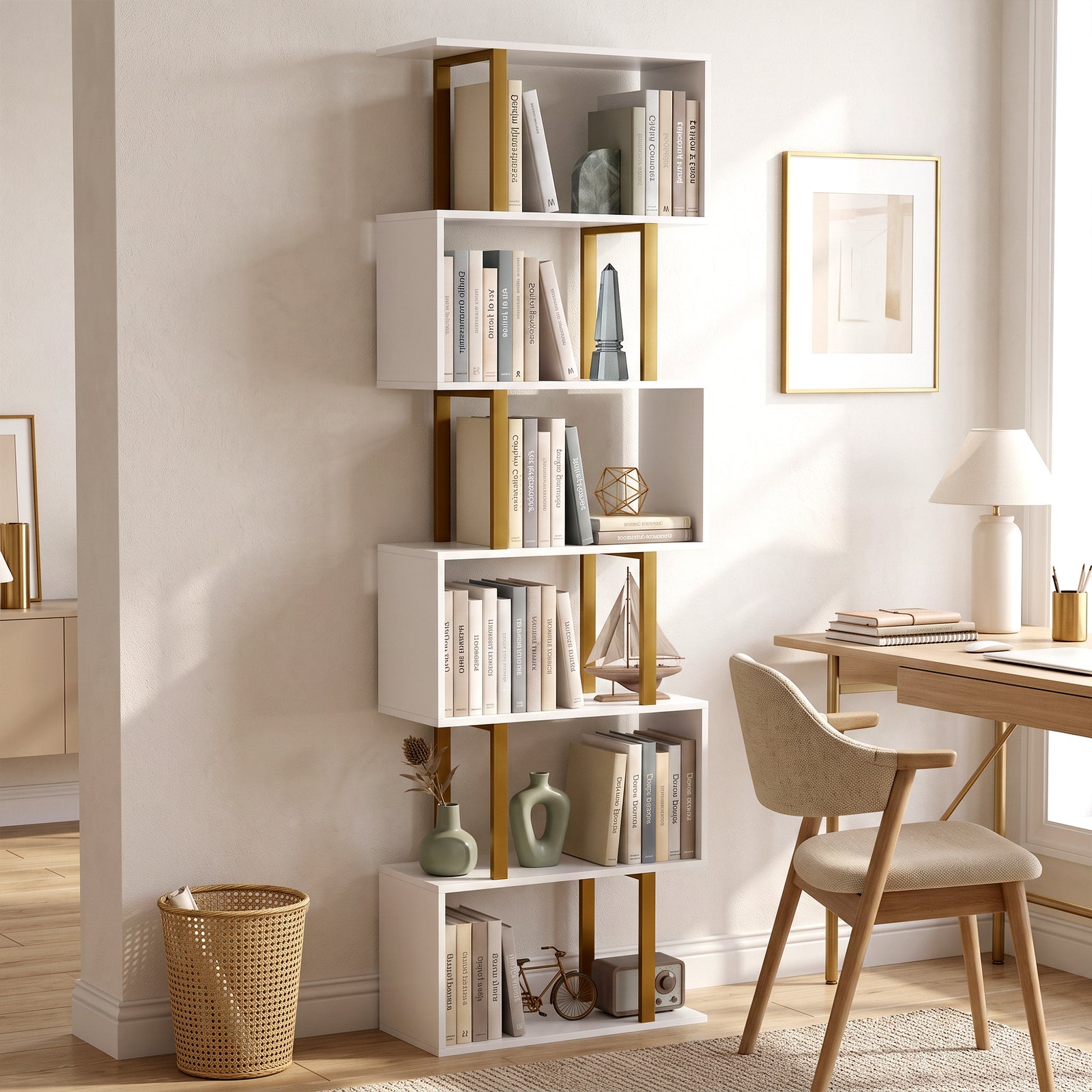 S-shaped Bookshelf, 6-tier Bookcase With Anti-tip Strap | White