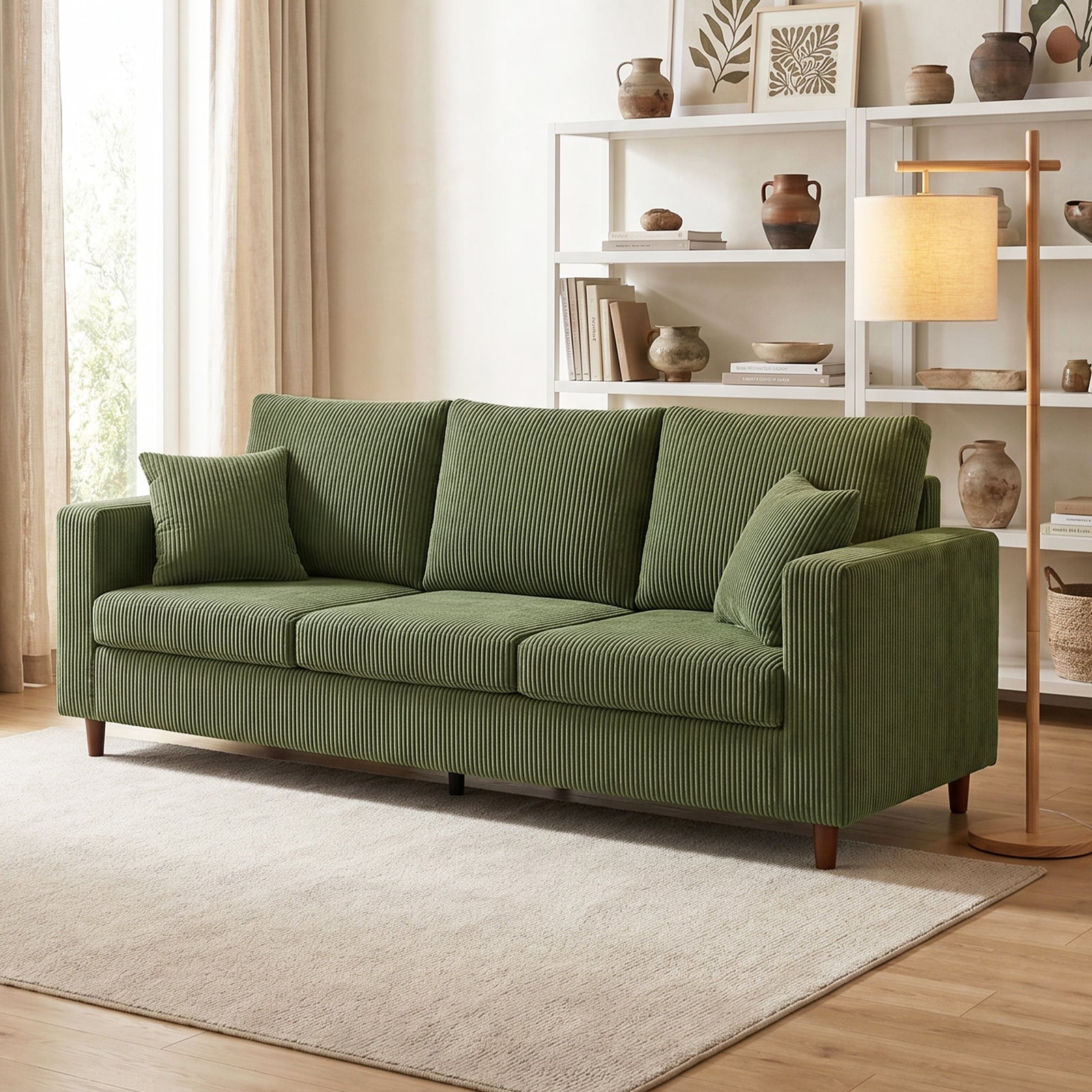 3 Seater Sofa With Wide Seat, Corduroy Upholstered | Green
