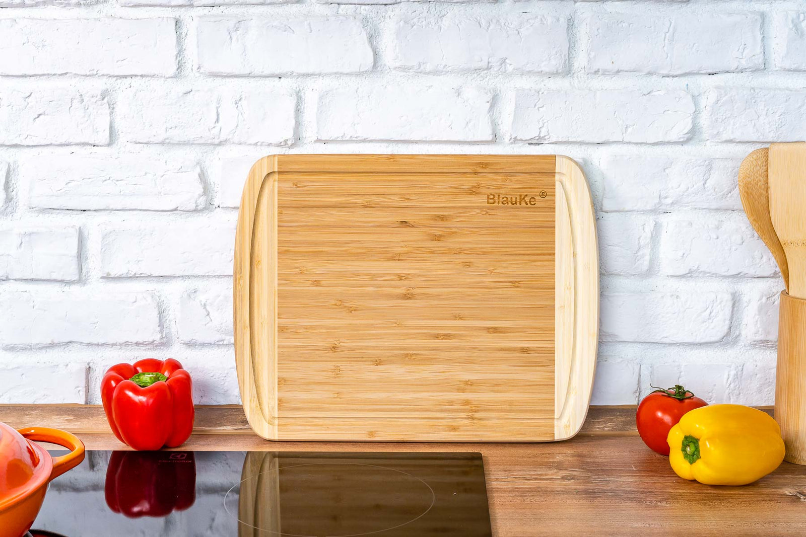 BlauKe Wood Cutting Board For Kitchen - 37x29cm Bamboo Cutting Board With Juice Groove - Wooden Butcher Block