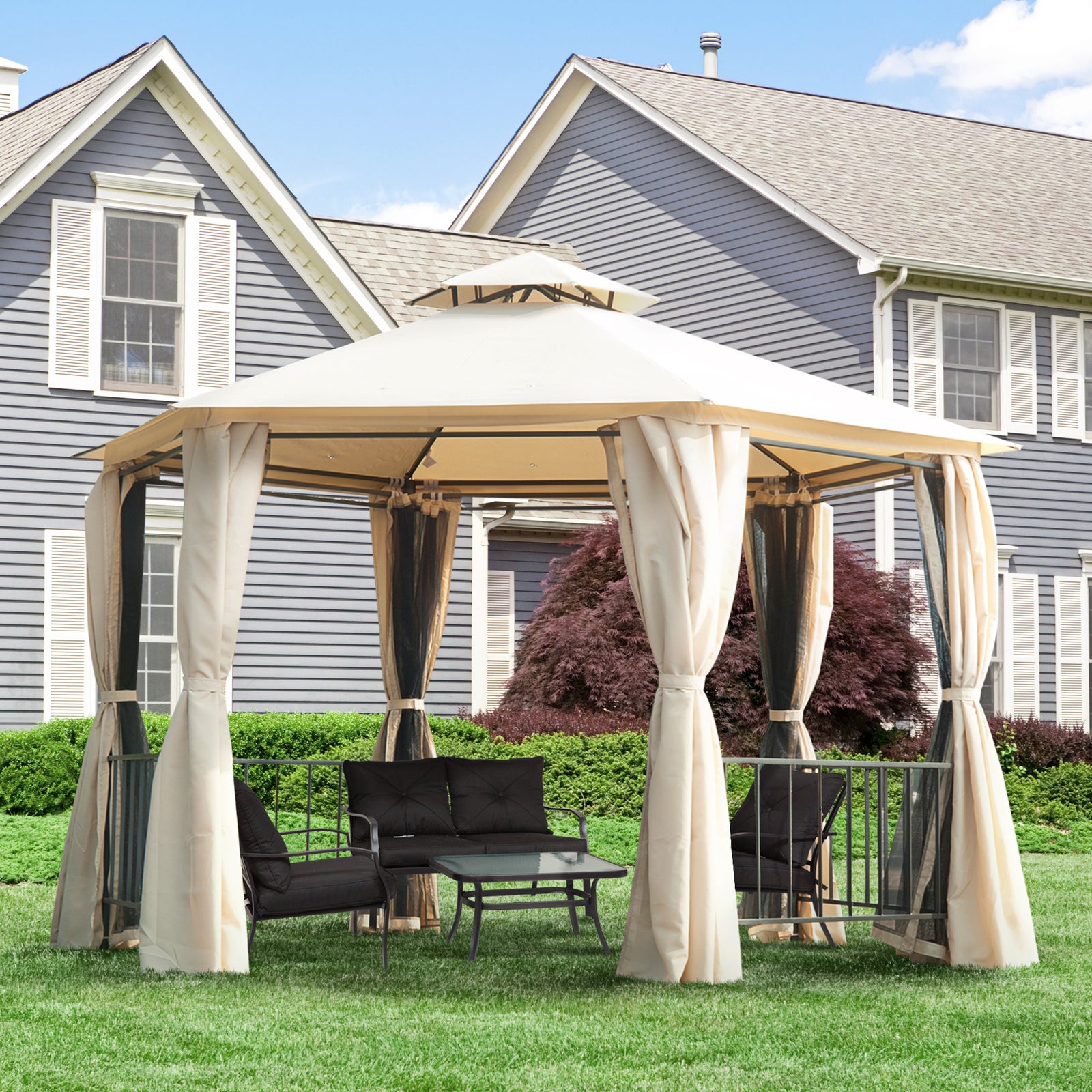 Gazebo Canopy 2 Tier Patio Shelter Steel For Garden | Beige