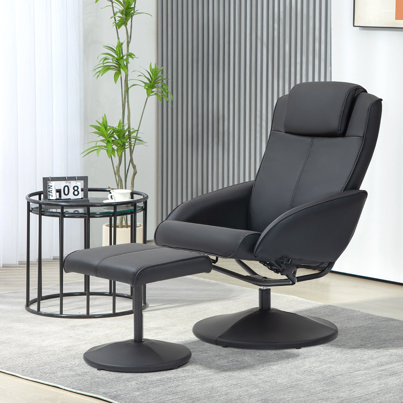 Swivel Armchair With Footstool And Adjustable Backrest | One Size | Black