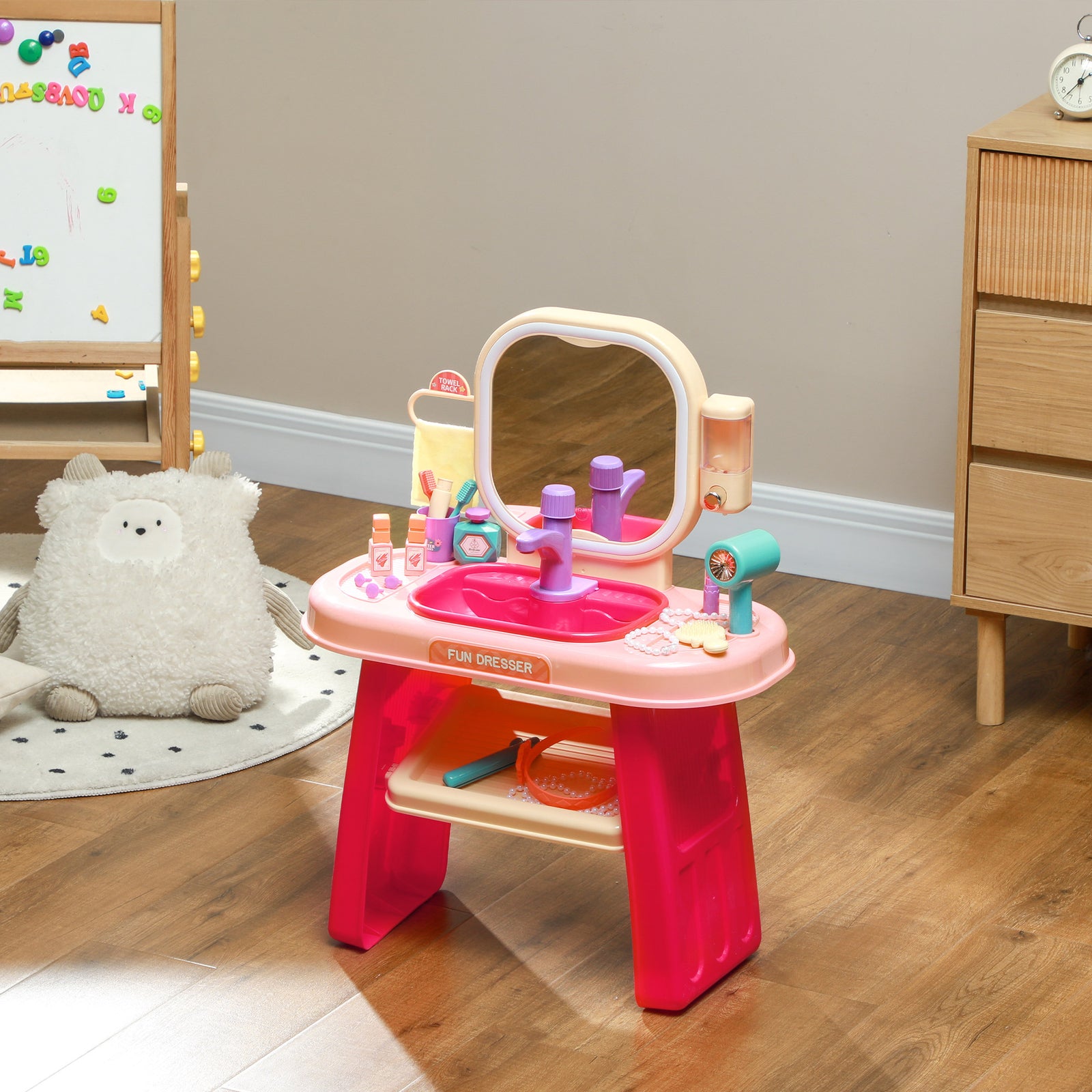 Kids Dressing Table W/ Mirror, Led Light, Music, 23 Accessories