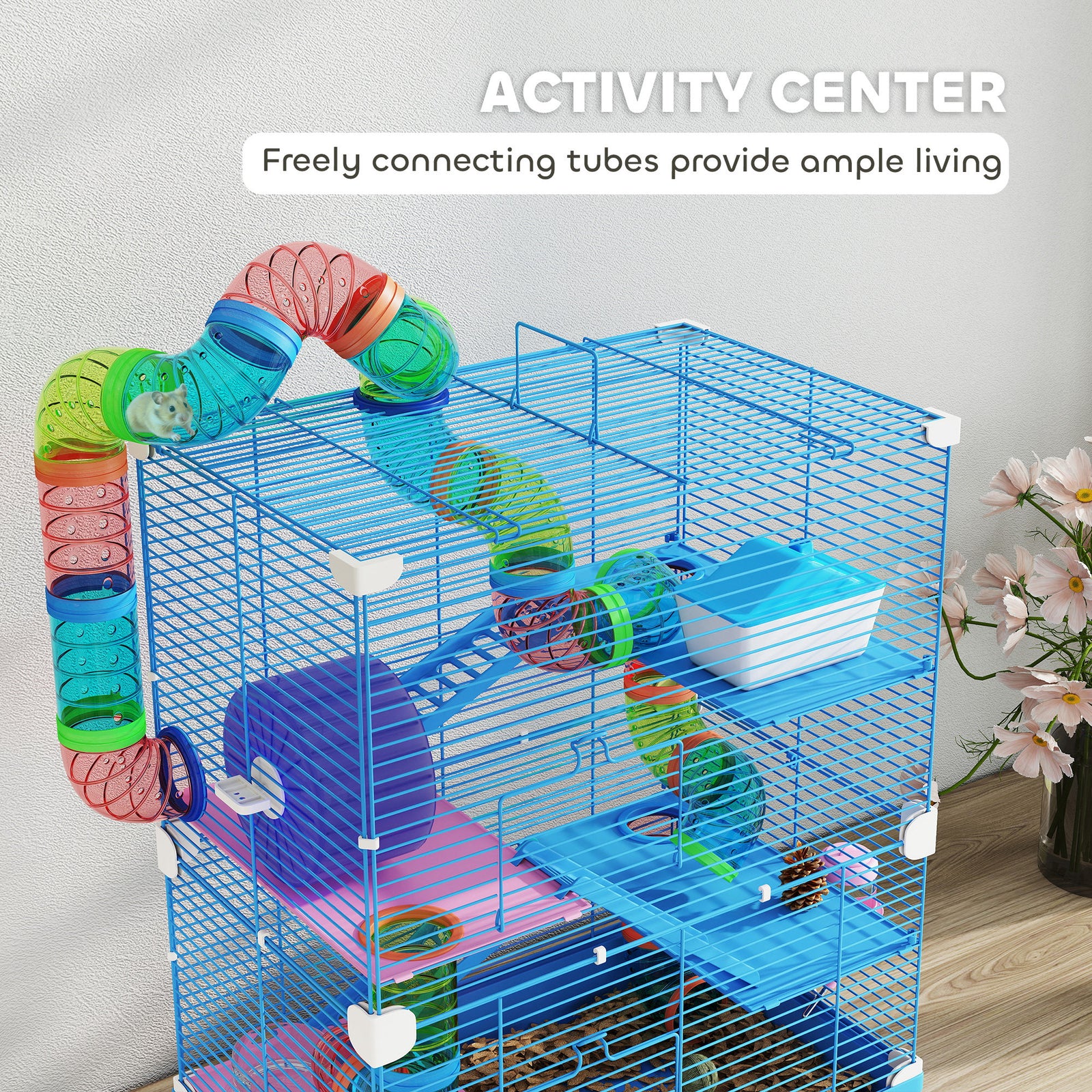 5 Tier Hamster Cage Carrier Habitat W/ Exercise Wheels, Blue