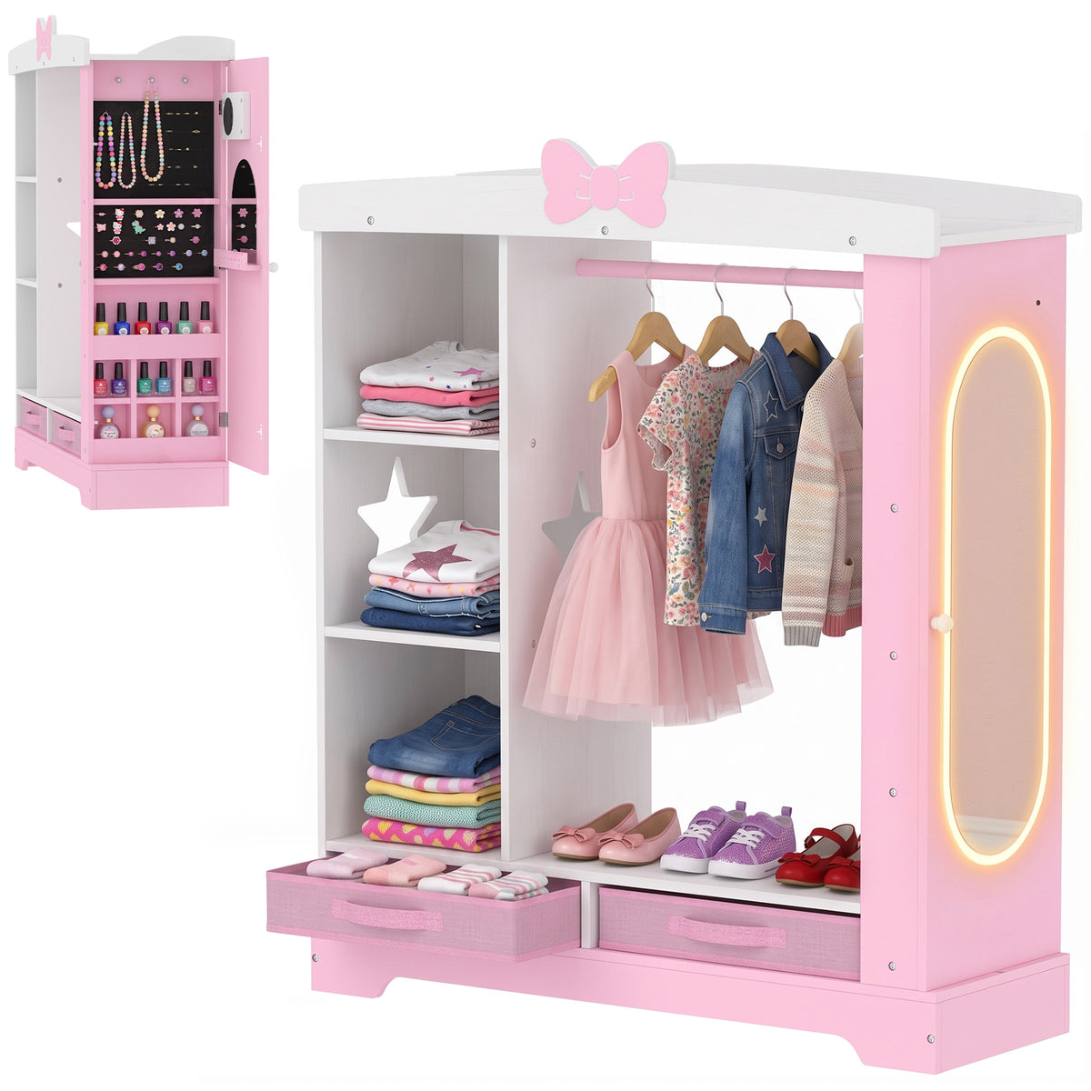 AIYAPLAY Kids Wardrobe, Children Dress Up Storage With Lighted Mirror, Pink