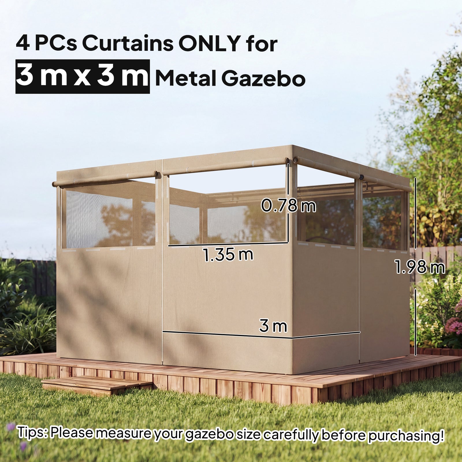 3 X 3 M Gazebo Replacement Curtains Privacy Panel Set, 4 Panels | Khaki