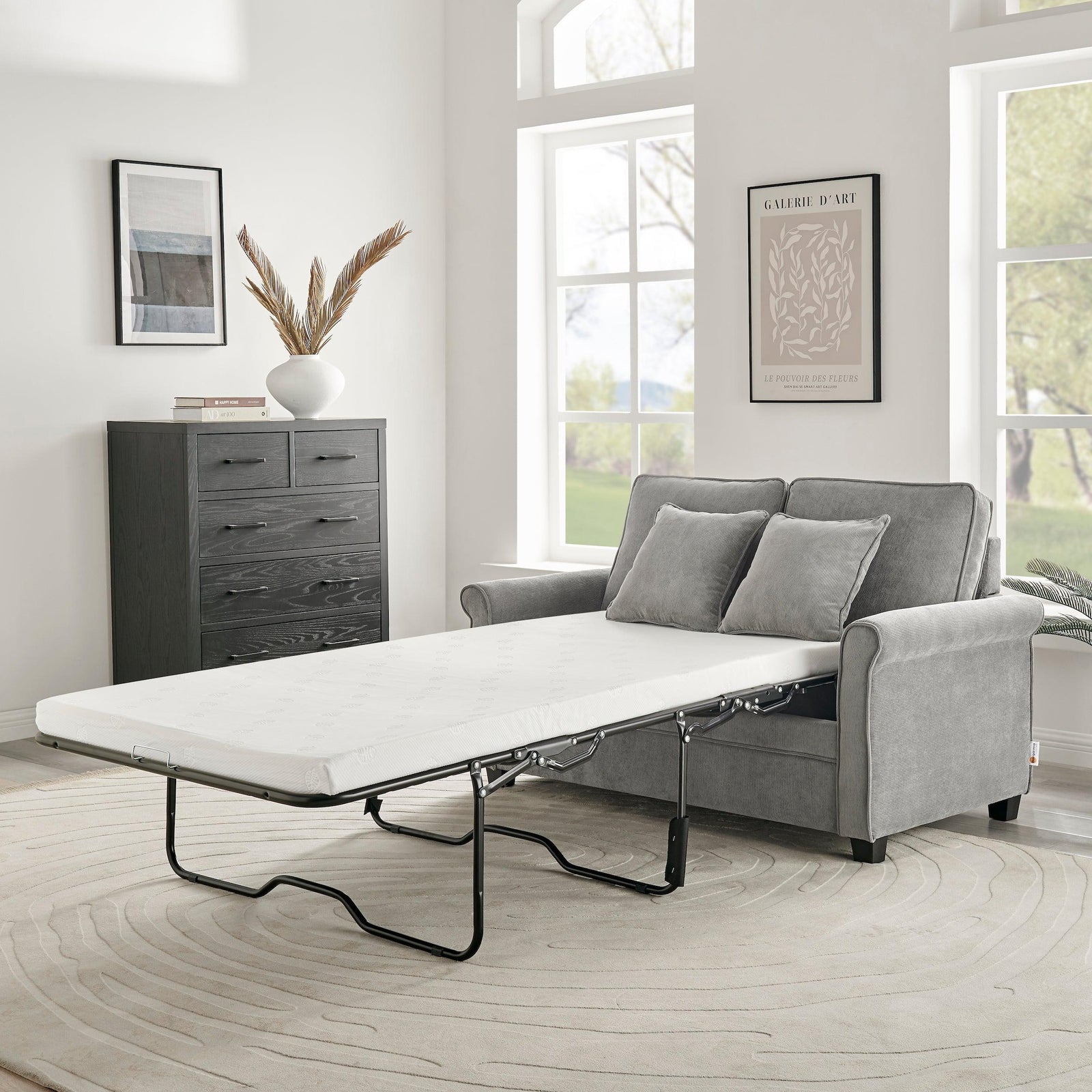 Corduroy Fold Out Mattress Sofa Bed - 2 Seater | Grey