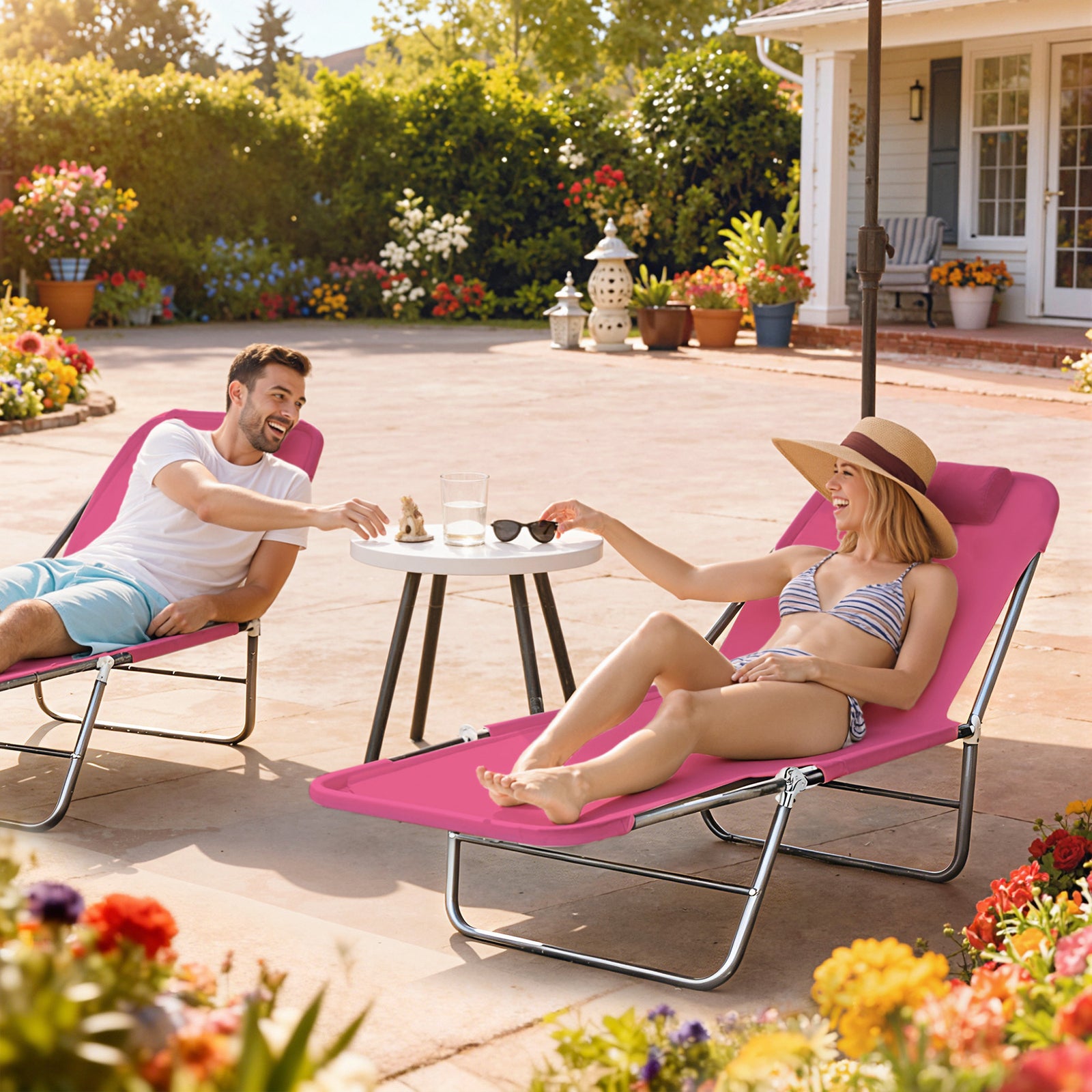 Adjustable Sun Bed Garden Lounger Recliner Relaxing Camping | Pink
