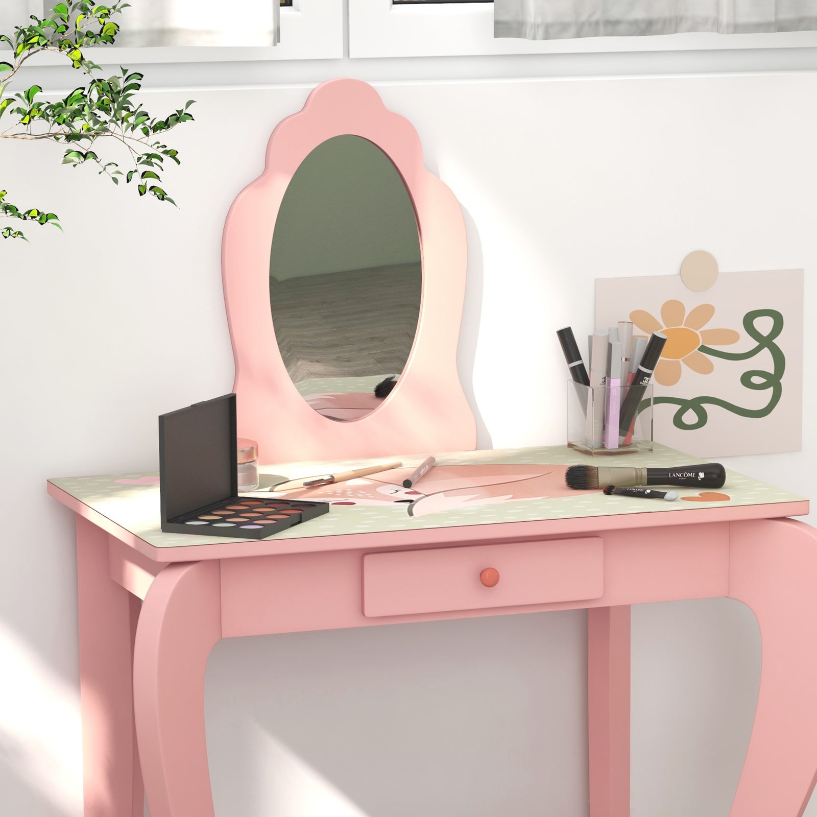 Kids Dressing Table With Mirror, Stool, Drawer, Girls Vanity Table | Pink