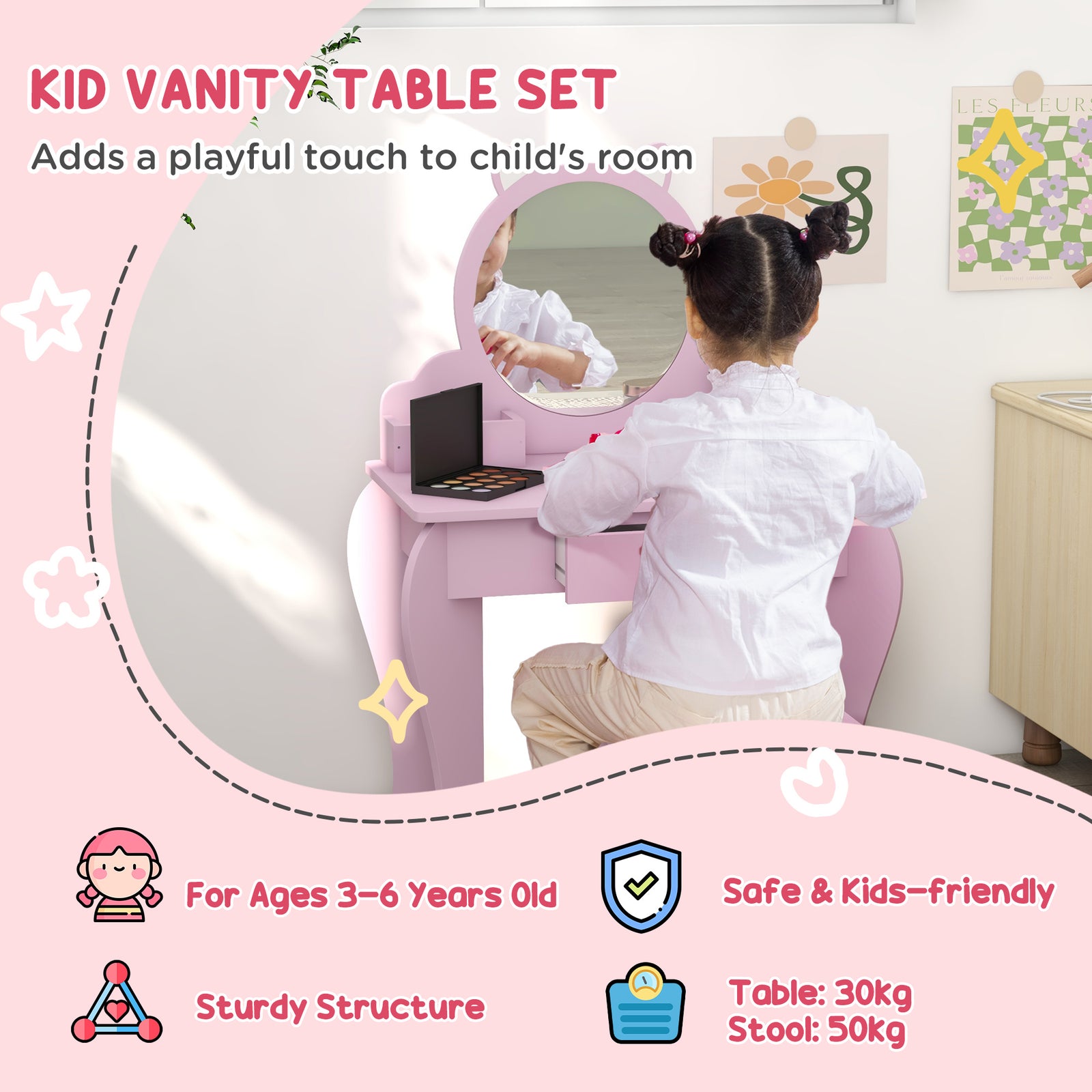 Dressing Table With Mirror And Stool, Drawer, Storage Boxes, Cat Design | Pink