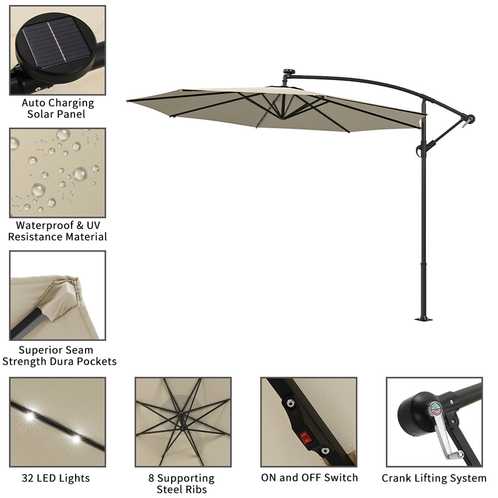 3 M Banana Patio Umbrella Cantilever Garden Parasol With Solar-powered 32 Led Lights, Crank For Opening Closing Without Base | One Size | Beige