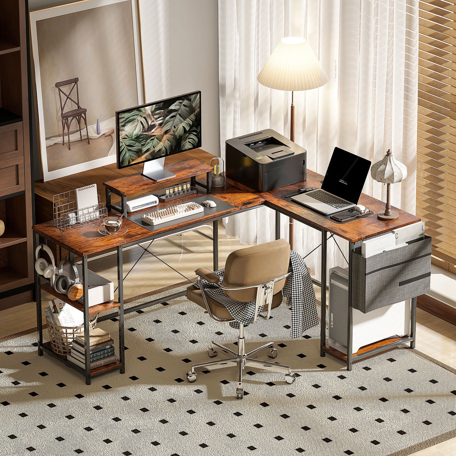 168cm Reversible L Shaped Desk, 240cm Two Person Desk | One Size | Brown