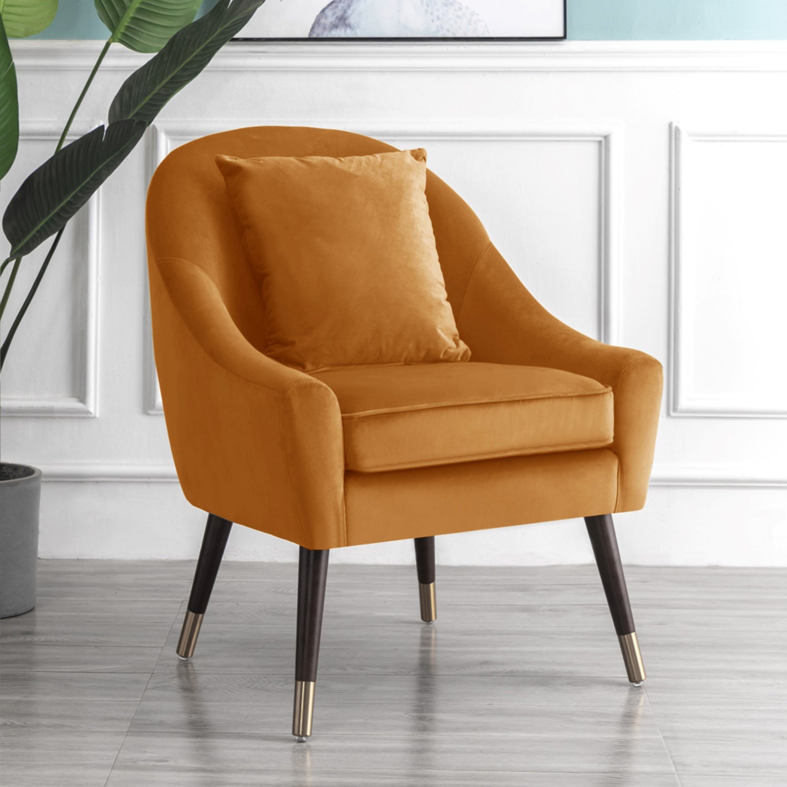 Octavia 74cm Wide Pillow Back Velvet Fabric Accent Chair With Steel Tipped Walnut Colour Wooden Legs | Orange