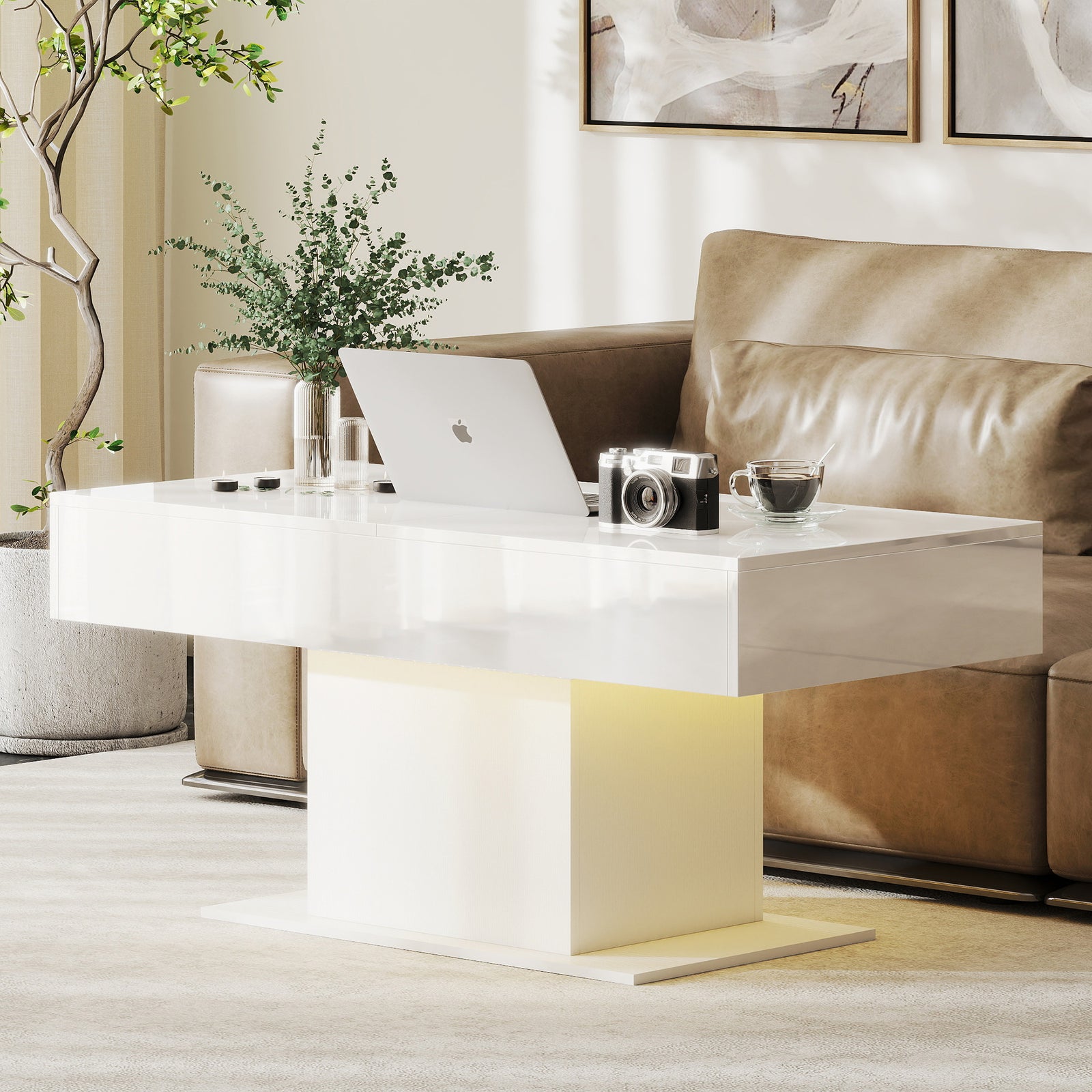 HOMCOM Extendable Coffee Table, Living Room Table With Led Lights, White