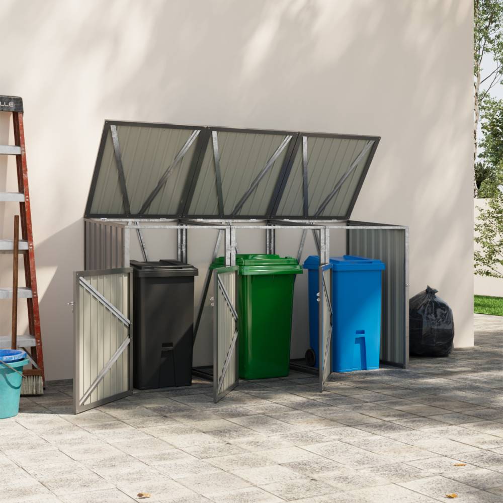 3 Bin Storage Shed – Heavy-duty Galvanized Steel Outdoor Bin Store With Lift-up Lids & Lockable Doors | Grey