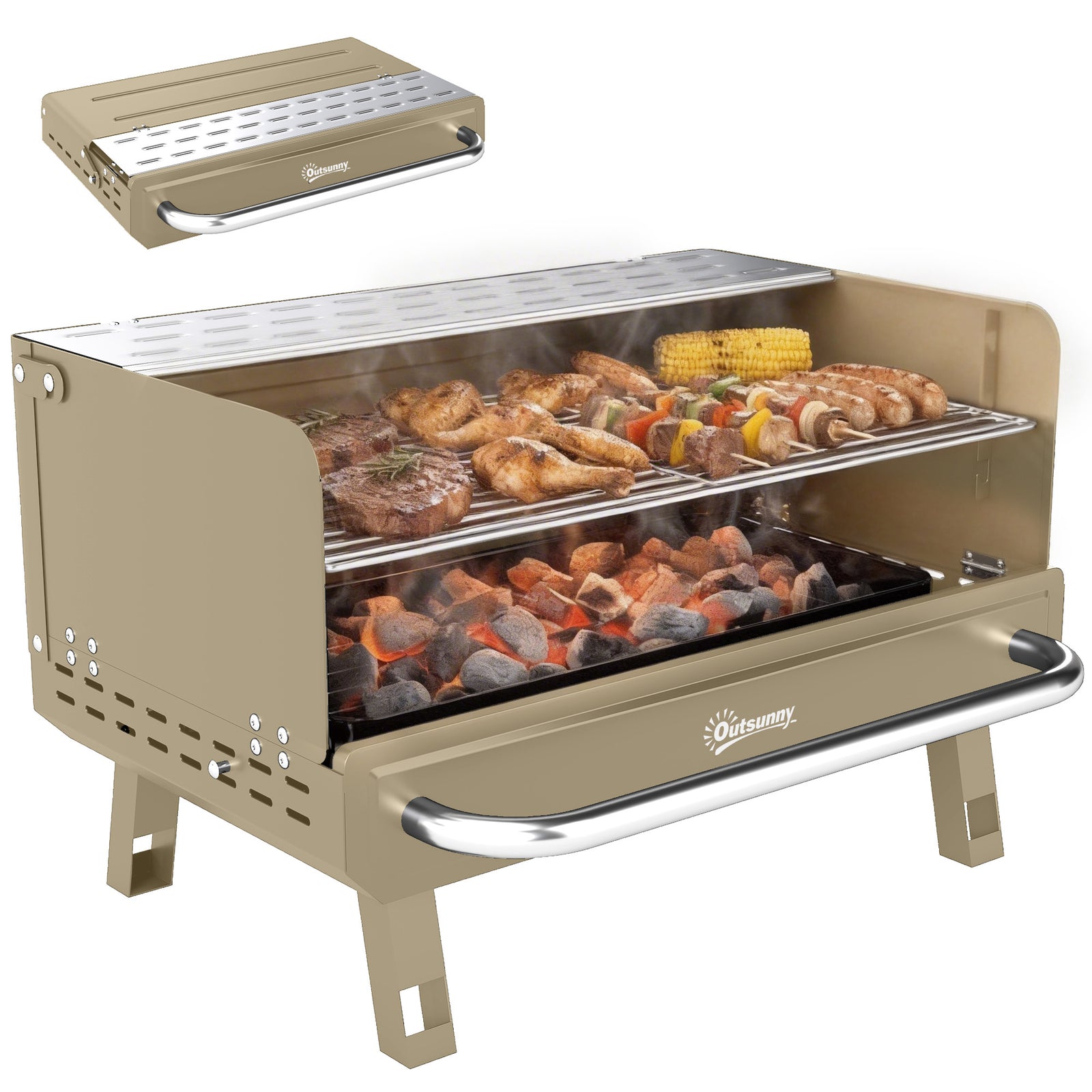 Portable Barbecue Grill With Adjustable Grates For Camping | Khaki