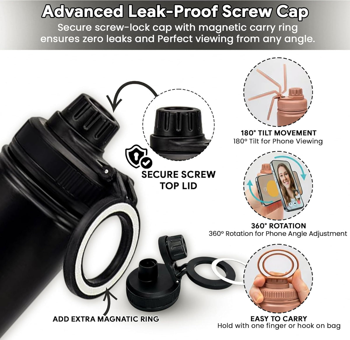 800ml Insulated Stainless Steel Water Bottle Magnetic Phone Holder | Black