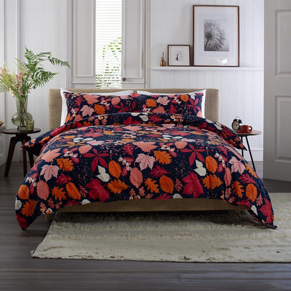 Autumn Leaves 100% Brushed  Cotton Duvet Cover Set | King | Multi Colour