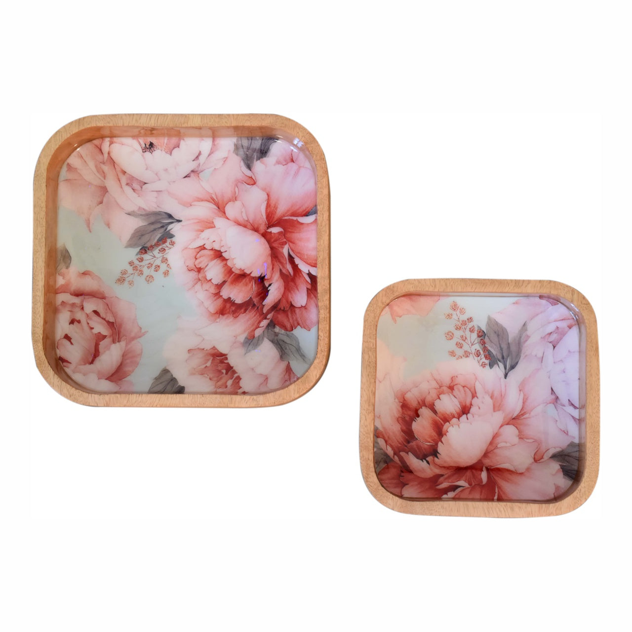 Solid Wood Pink Floral Square Bowl Set Of 2