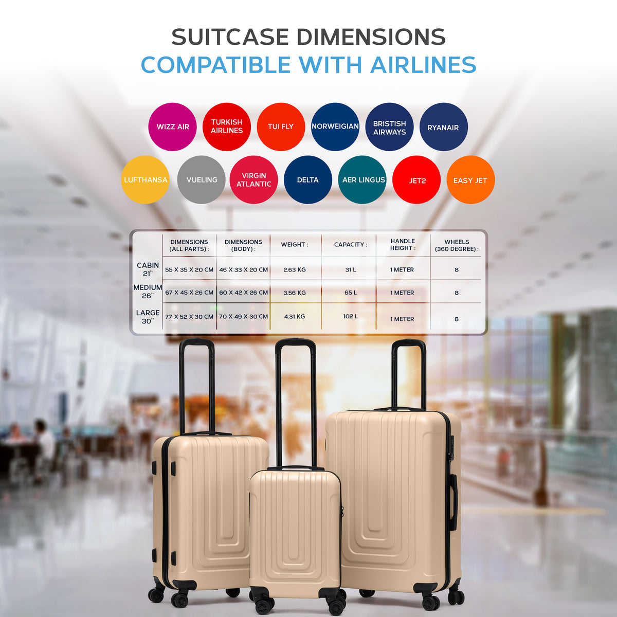 Set Of 3 Hard Shell Suitcases Overhead Carry On Cabin Bag & Check In 20kg+ Medium And Large Bag. | Set of 3 | Champagne