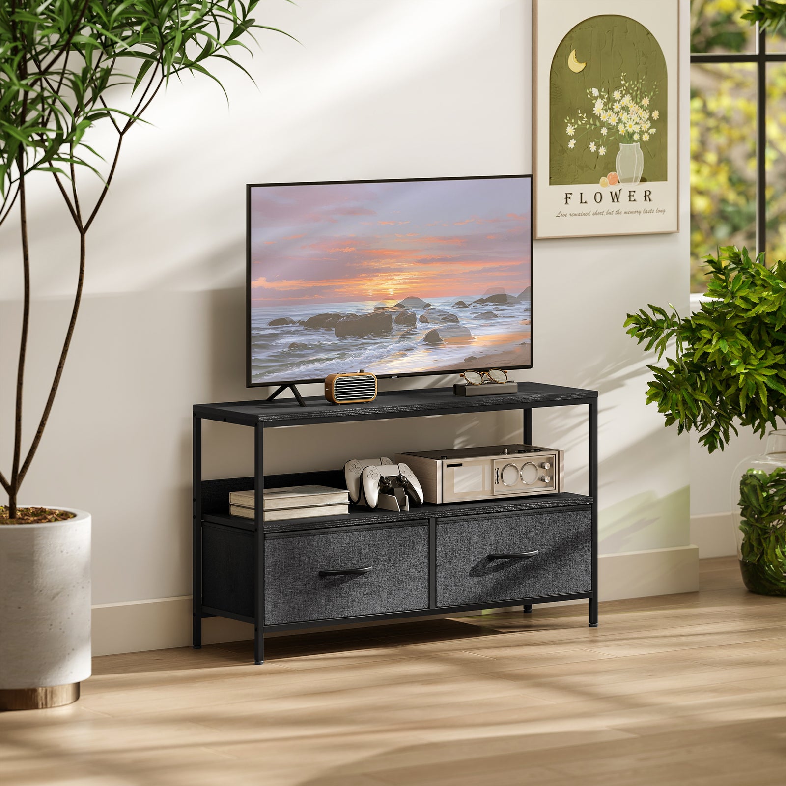 Tv Cabinet, Tv Console Unit With 2 Foldable Linen Drawers | Black