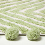Tufted Cotton Bath Mat Zig Zag Design With Pom Poms | 50 x 80cm | Sage Green