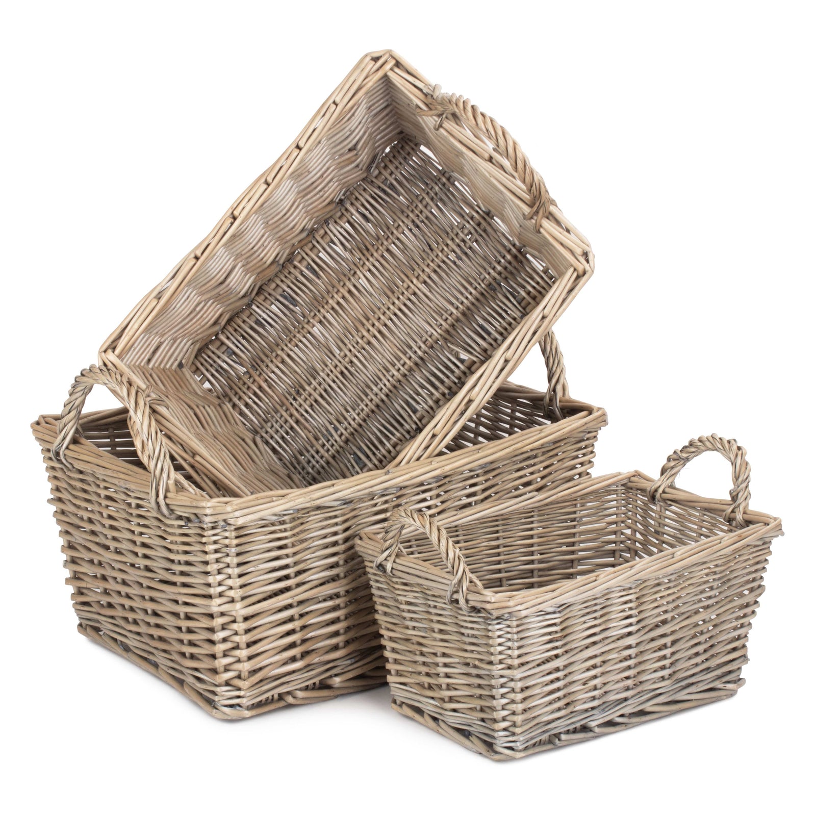 Wicker Antique Wash Finish Handled Unlined Storage Basket | Set-of-3 | Brown