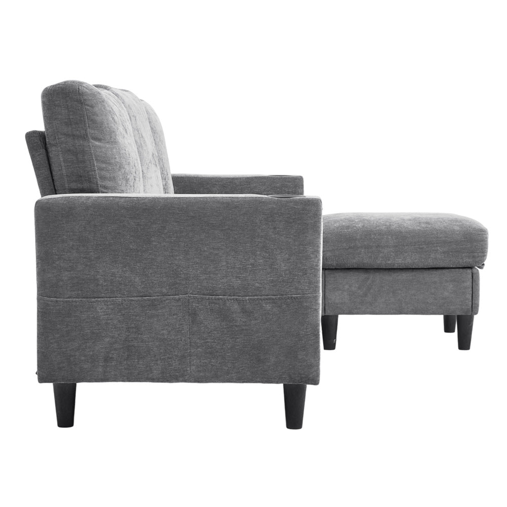 Grey Chenille 3-seater Sofa With Ottoman – Metal Rivets, Cup Holders & Side Pockets, Wooden & Iron Frame