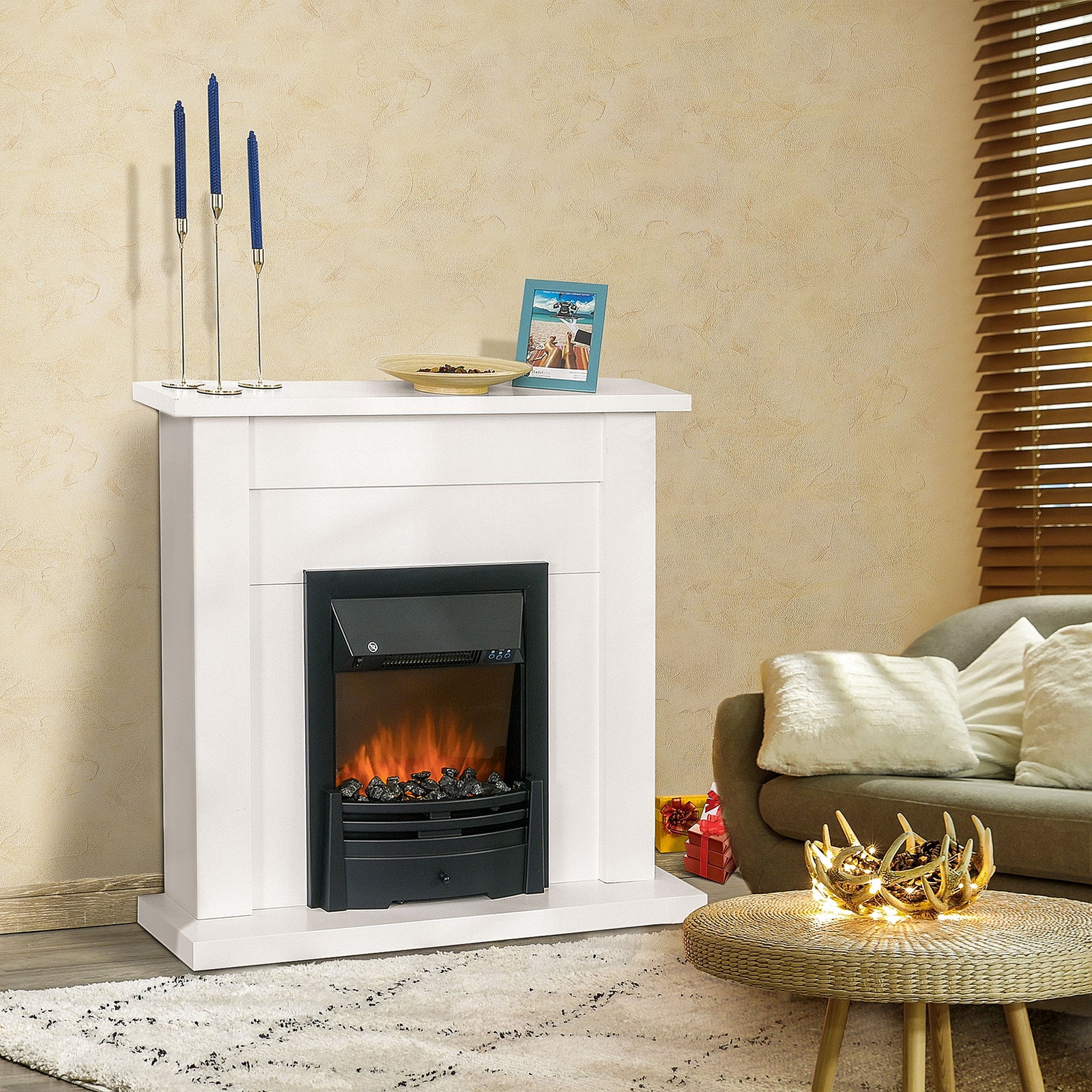 1000w/2000w Electric Fire And Mantelpiece With Led Flames