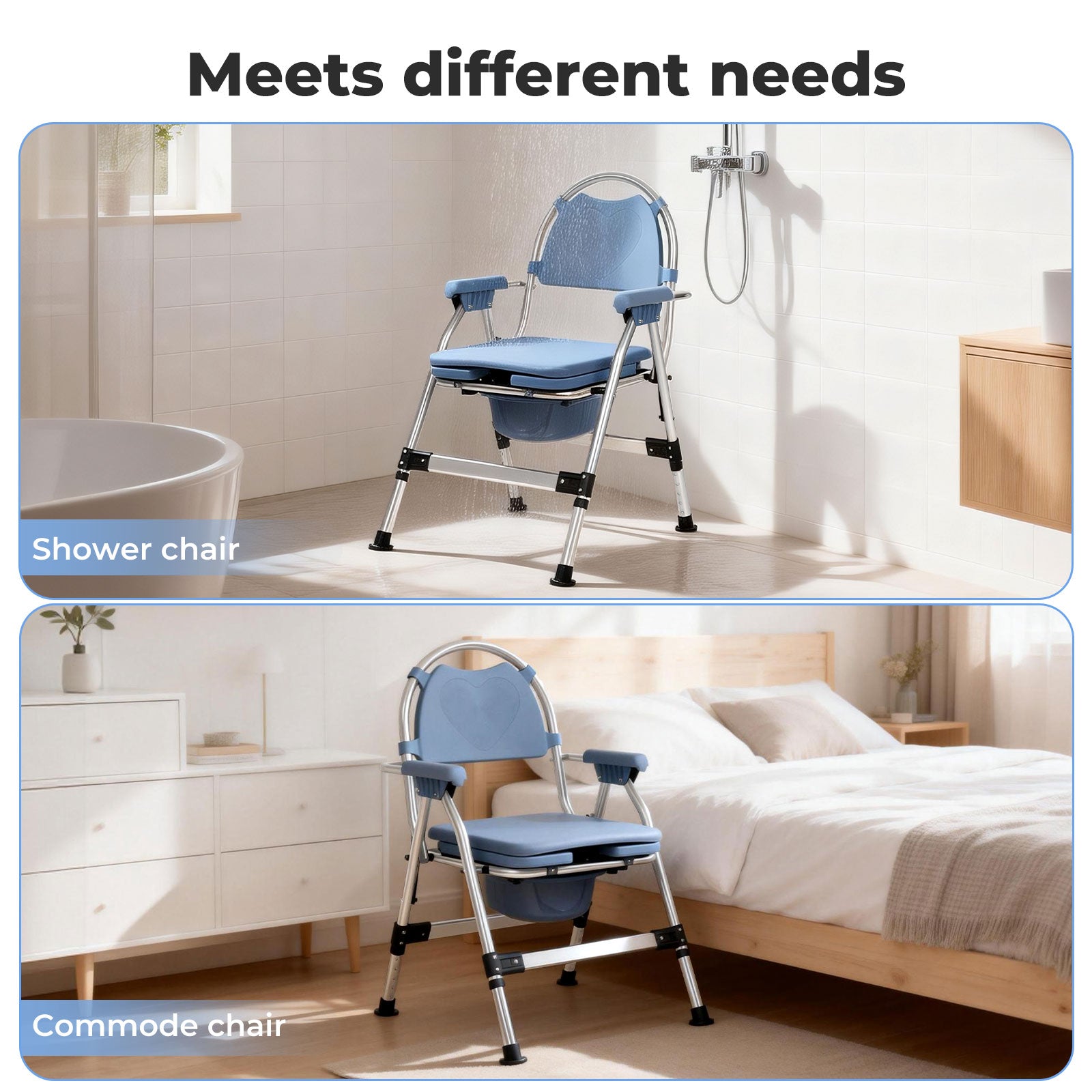 Commode Chair For Bedroom Folding Adjustable Bedside Toilet Shower Chair | Blue