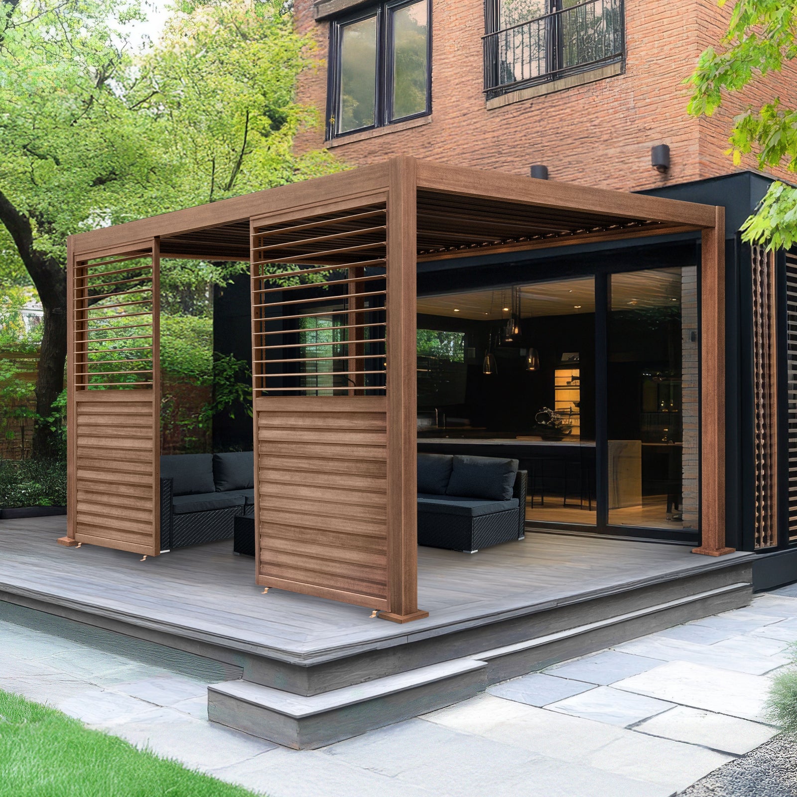 Wood Effect Aluminium Pergola With 2 Louvre Panels | 3m x 3m | Brown