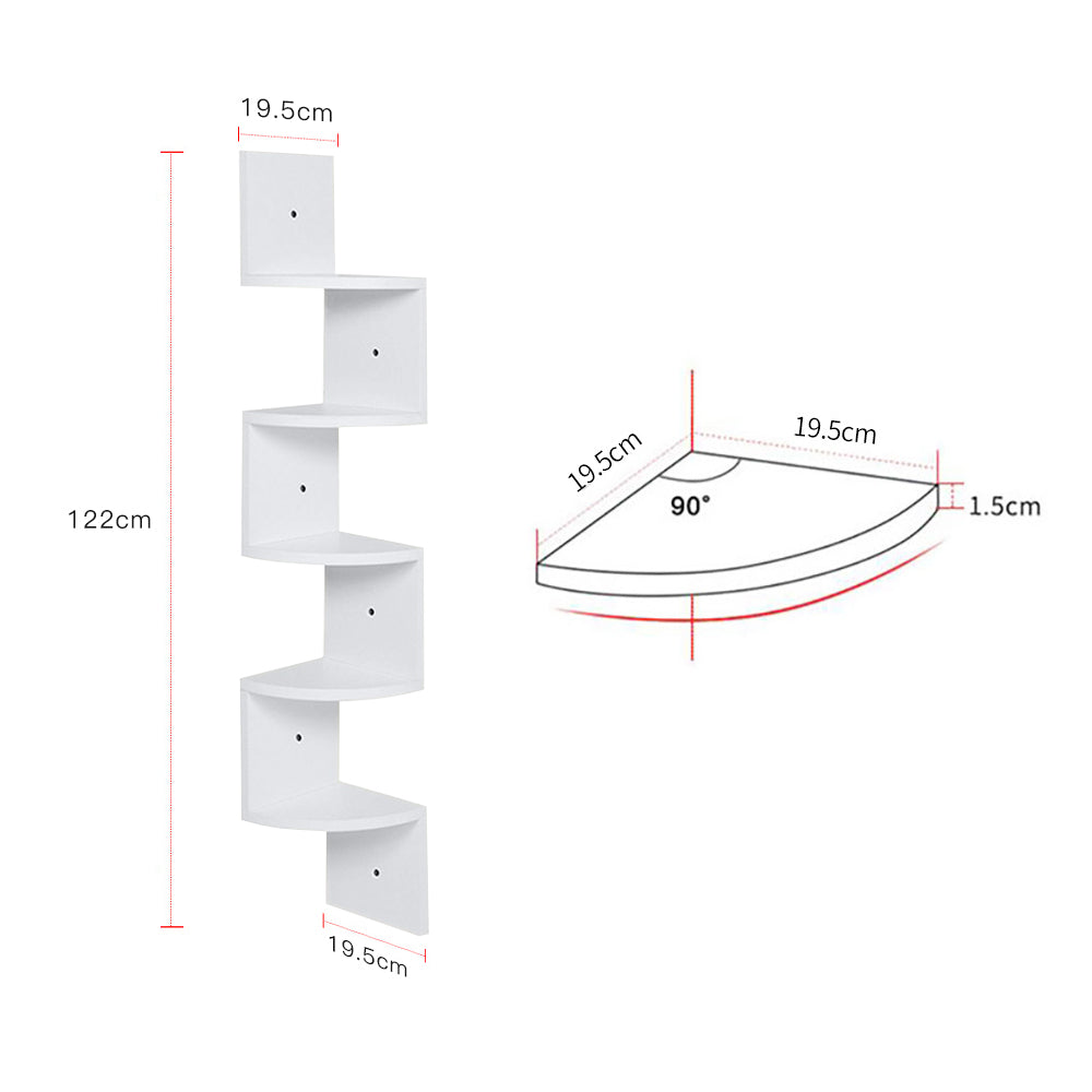 5-tier Wooden Zigzag Floating Corner Shelves Wall Mounted Rustic Corner Shelf | White