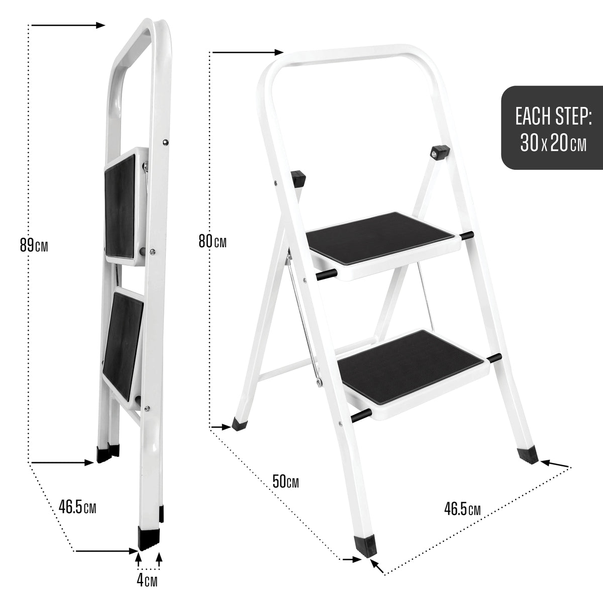 2 Step Ladder, Heavy-duty Steel Folding Home Diy Step Stool With Wide Non-slip Steps & Anti Slip Feet 150kg Capacity | 2 Step | White