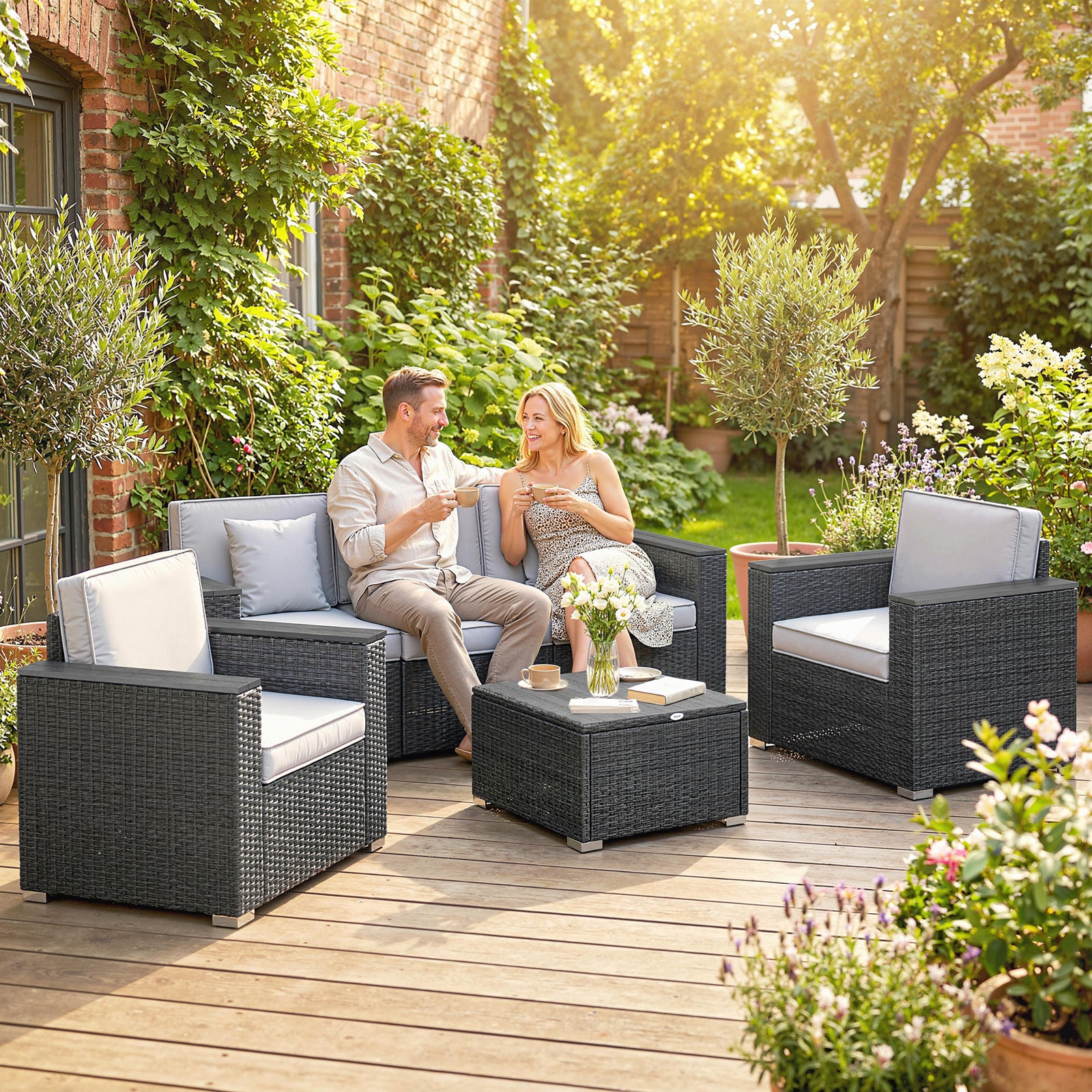 Rattan Garden Furniture Set With Wide Armrests, Cushions, Dark Grey