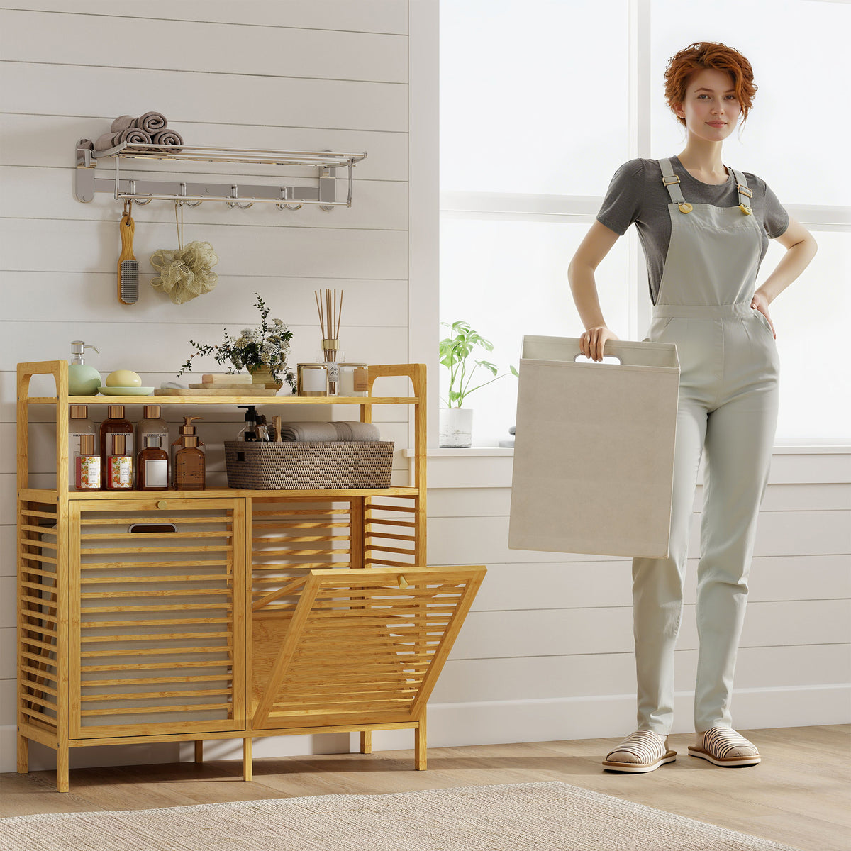 HOMCOM Double Tilt Out Laundry Cabinet Bamboo Laundry Hamper Cabinet